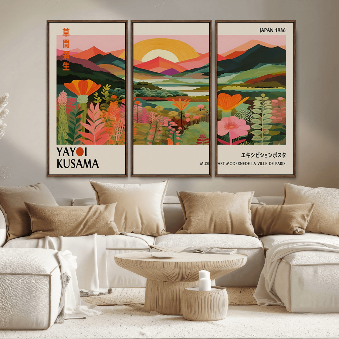 MGV-FC-48X32-3P - Framed Yayoi Kusama Print, Vibrant Floral Mountain Art Print, Botanical Flower Nature Decor, Sunset