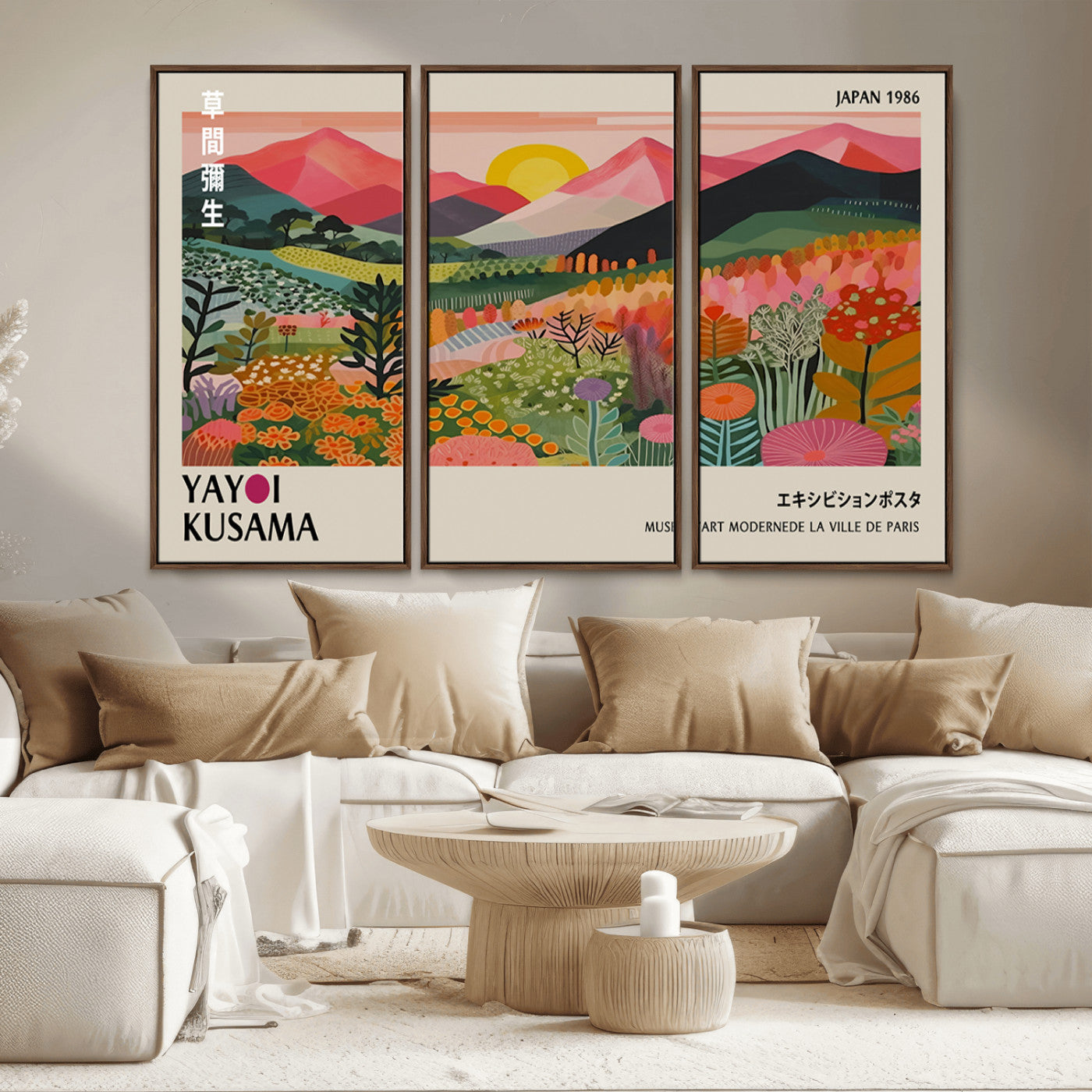 MGV-FC-48X32-3P - Yayoi Kusama Landscape Canvas Print, Vibrant Floral Mountain Art Print, Framed Botanical Wall Art -