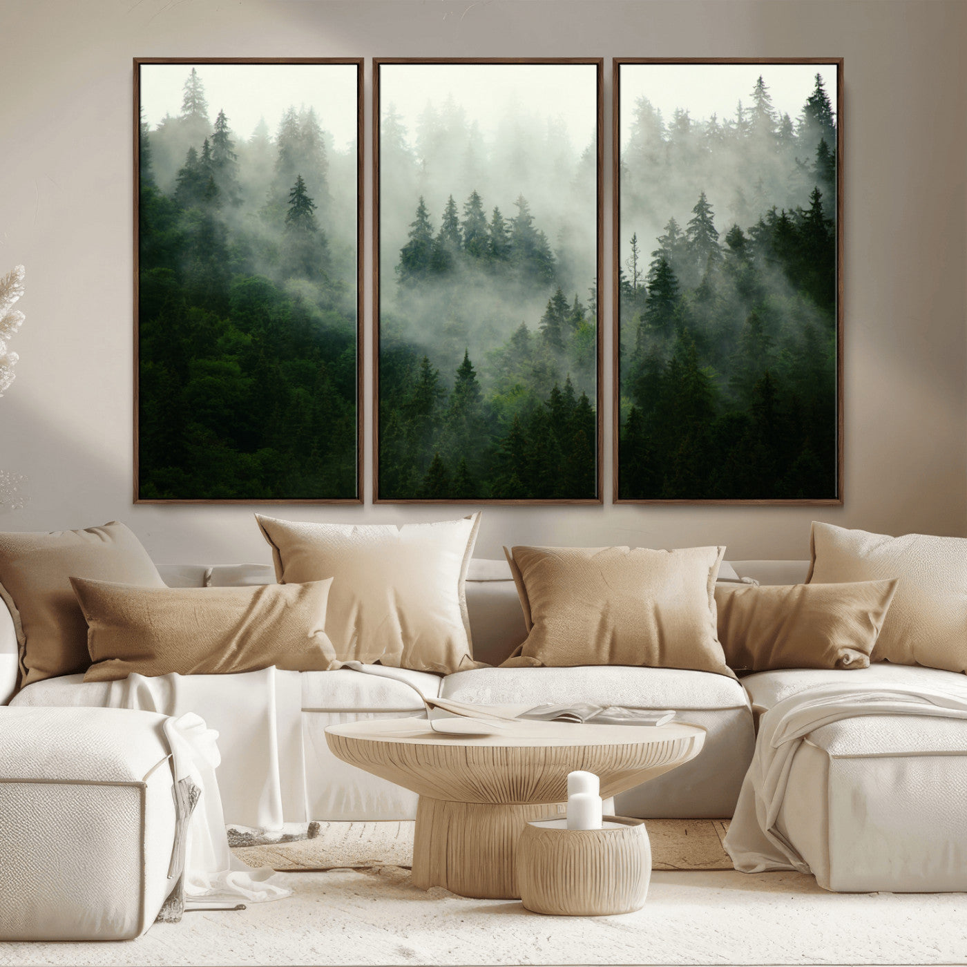 MGV-FC-48X32-3P - Misty Forest Wall Art Canvas Print - Foggy Forest Landscape Canvas Wall Art – Serene Triptych Nature