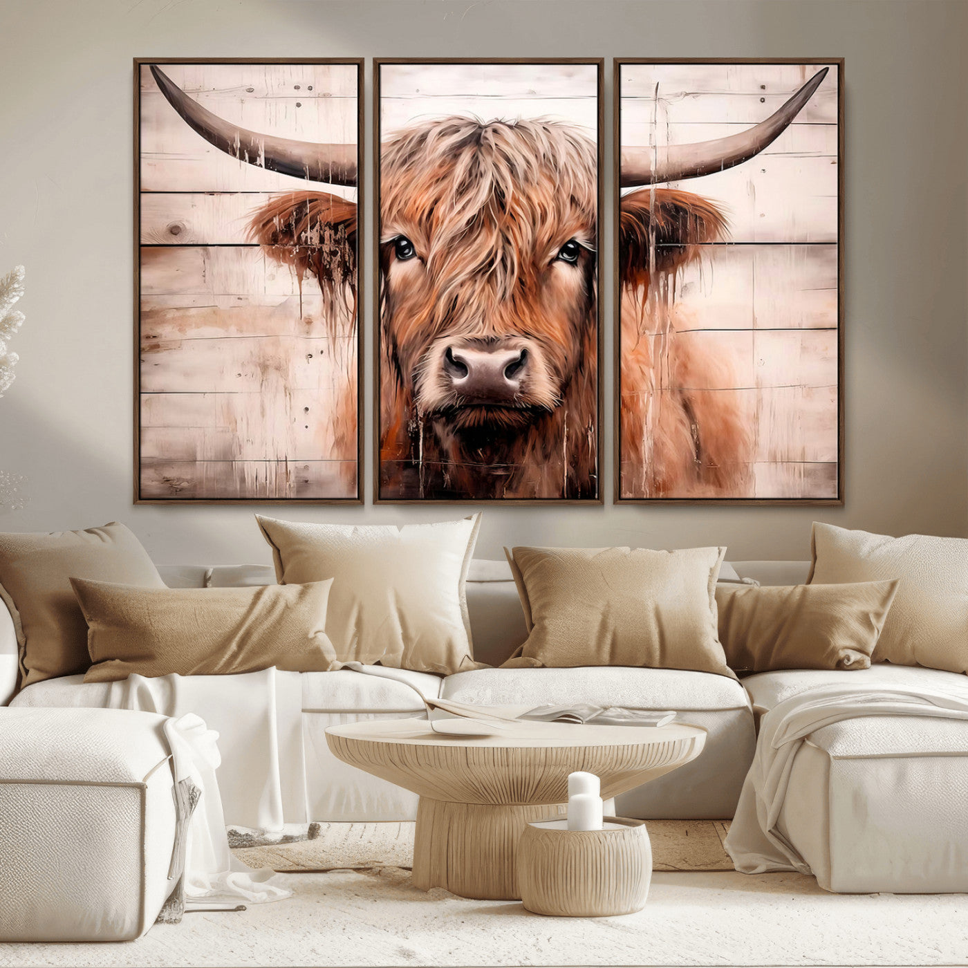MGV-FC-48X32-3P - Vintage Scottish Highland Cow Cattle Art Print Farmhouse Wall Art Canvas Print