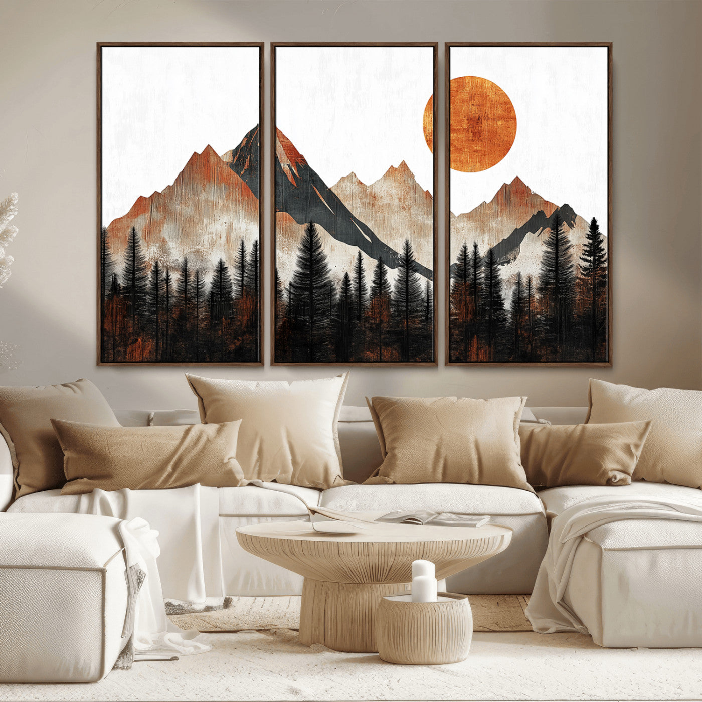 MGV-FC-48X32-3P - Modern Abstract Mountain Canvas Wall Art Print, Abstract Landscape Print, Rustic Sun and Mountains