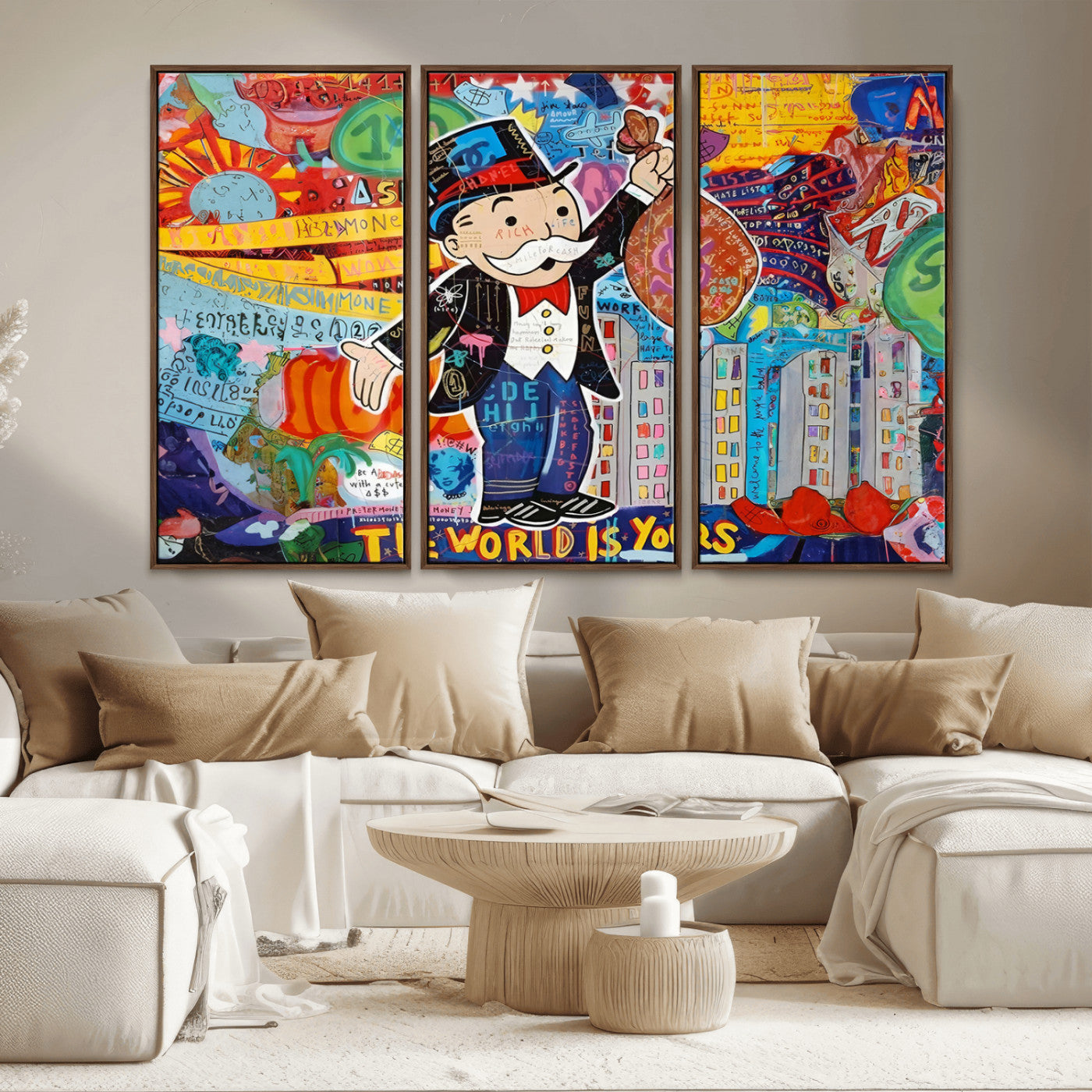 MGV-FC-48X32-3P - Pop Art Monopoly Man Canvas Wall Art Print - Bold and Colorful Street Art-Inspired Decor for Living