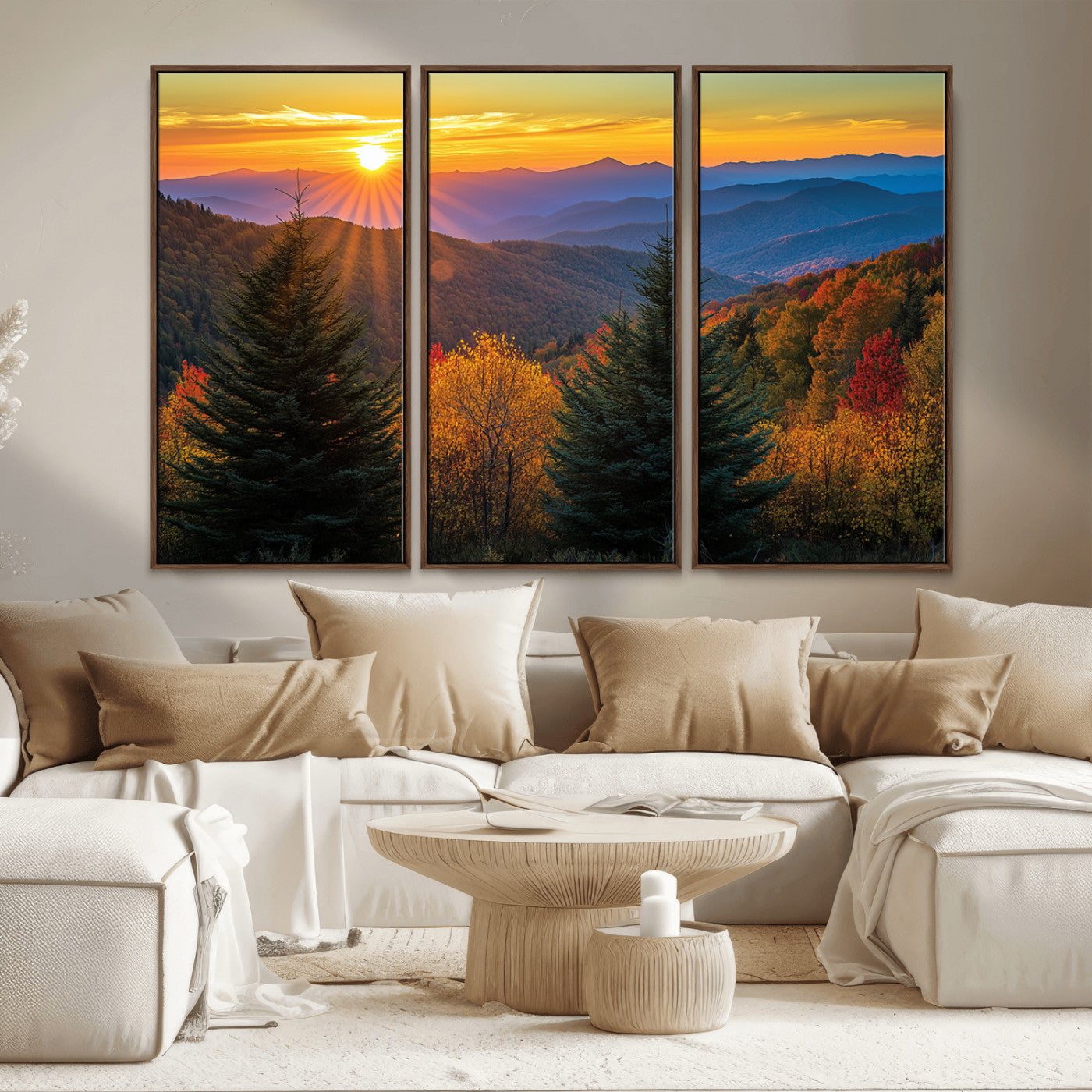MGV-FC-48X32-3P - Golden Sunset Over Mountain Forest Canvas Wall Art Print - Warm Nature-Inspired Landscape for Living