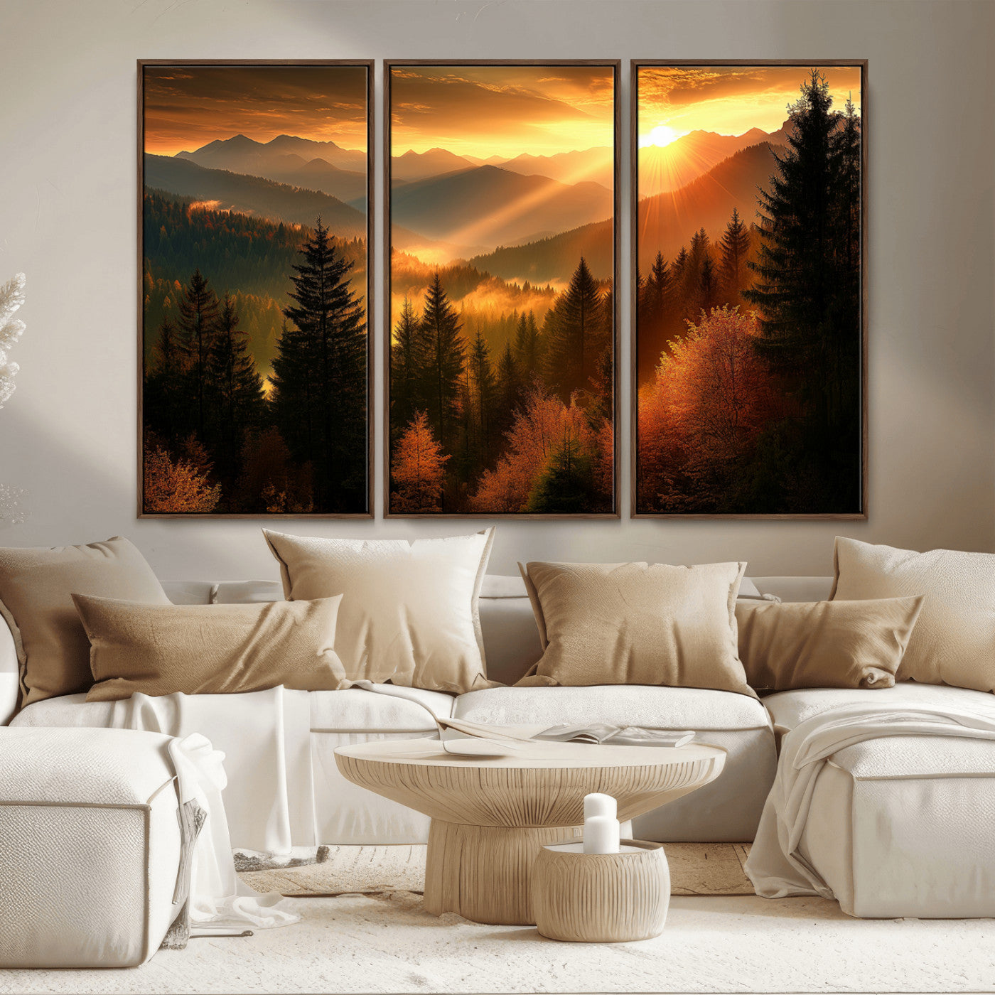 MGV-FC-48X32-3P - Golden Sunset Over Mountain Forest Canvas Wall Art Print - Warm Nature Landscape Print