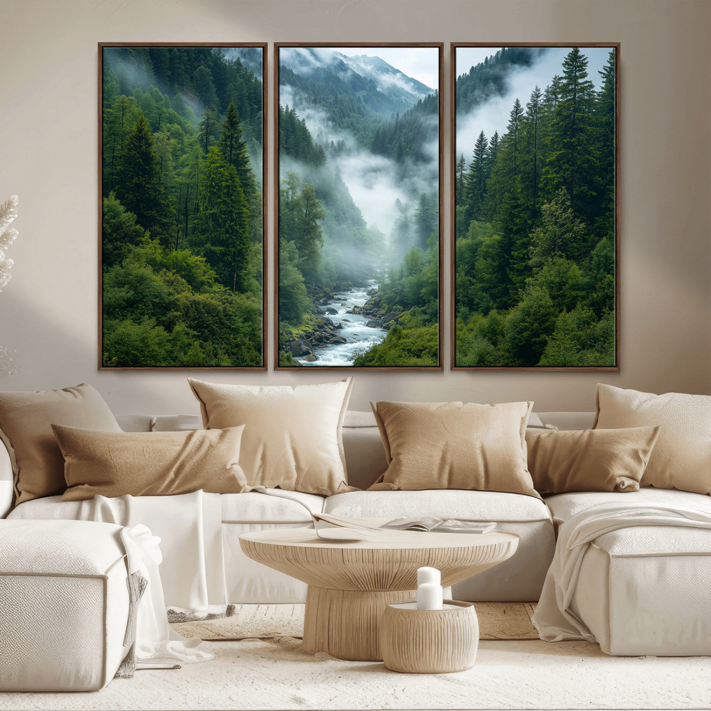 MGV-FC-48X32-3P - Mountain Forest River Canvas Wall Art Print - Serene Nature Landscape for Living Room, Office, or