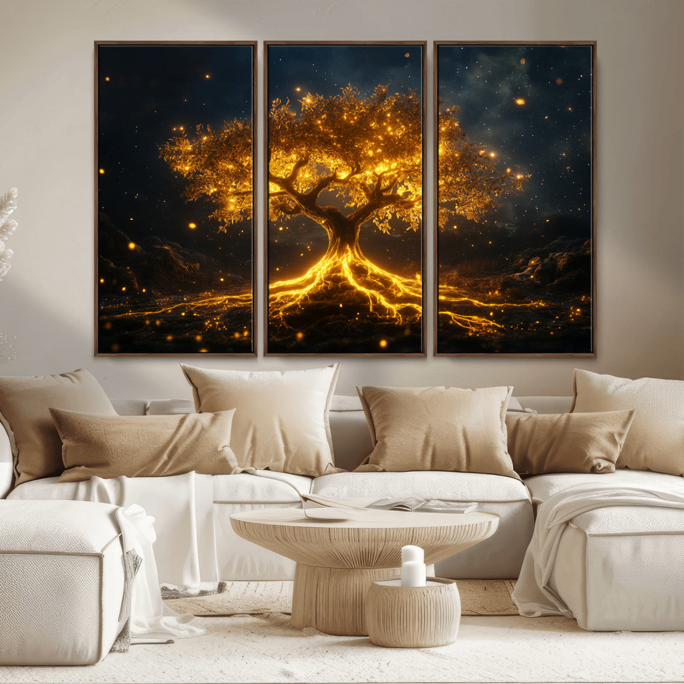 MGV-FC-48X32-3P - Golden Tree of Life Canvas Wall Art Print - Majestic Glowing Tree Design for Living Room, Office, or