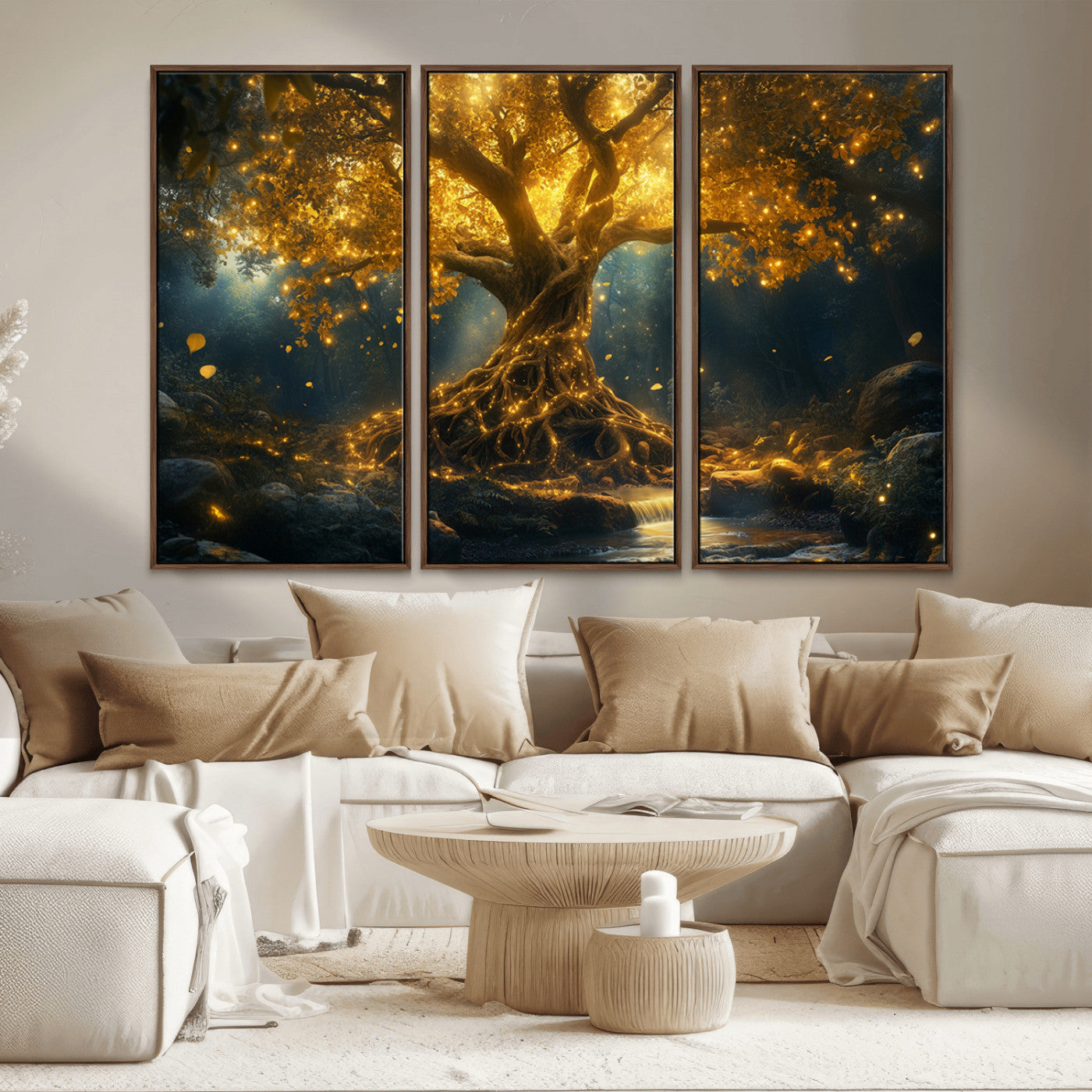 MGV-FC-48X32-3P - Golden Tree of Life Canvas Wall Art Print - Majestic Glowing Tree Wall Art Print