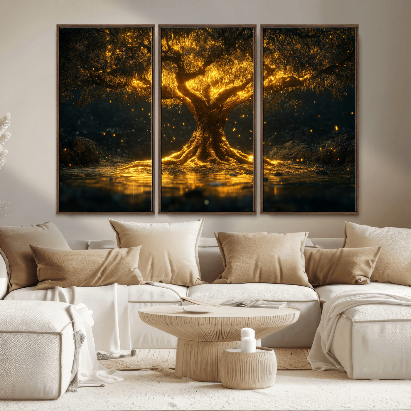 MGV-FC-48X32-3P - Golden Tree of Life Canvas Wall Art Print - Majestic Glowing Tree Wall Art Print