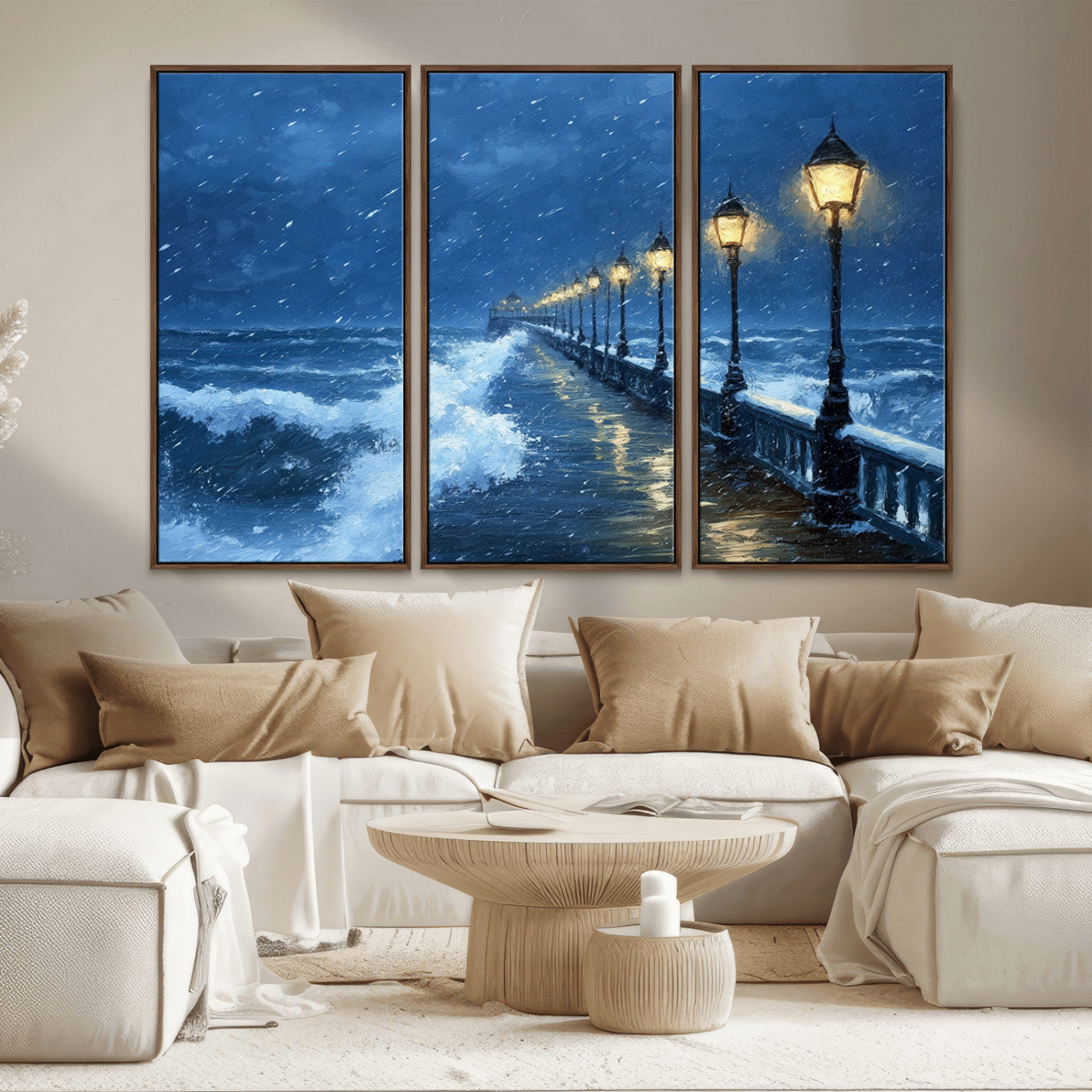 MGV-FC-48X32-3P - Stormy Ocean Pier Lights Canvas Wall Art Print - Large Moody Night Scene for Living Room, or Office,