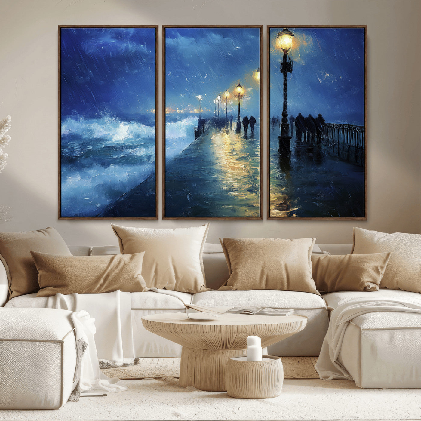 MGV-FC-48X32-3P - Abstract Stormy Ocean Pier Canvas Wall Art Print | Stormy Ocean Art | Large Moody Night Scene Print,