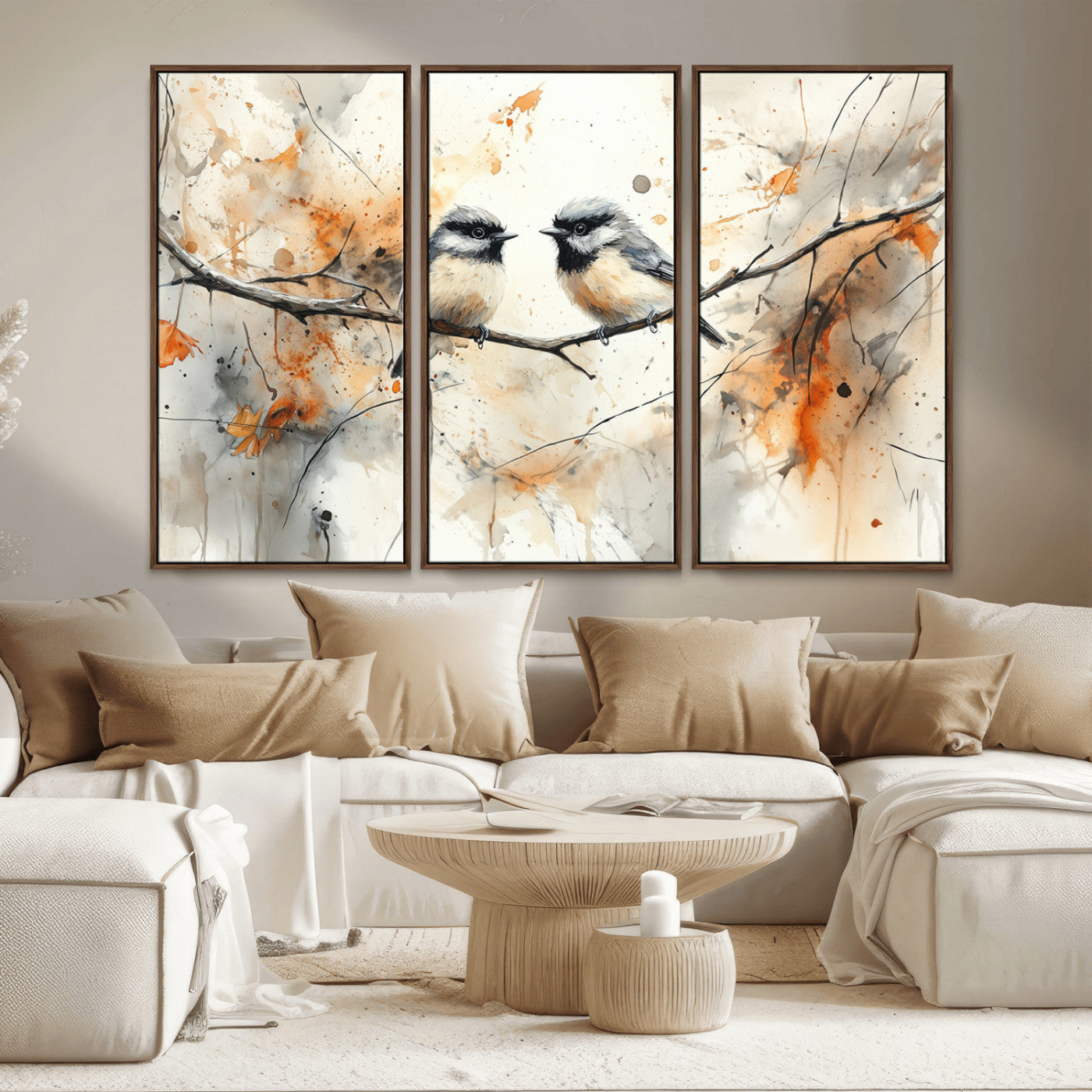 MGV-FC-48X32-3P - Abstract Watercolor Chickadee Bird Canvas Wall Art Print - Large Bird and Branch Wall Art, Modern