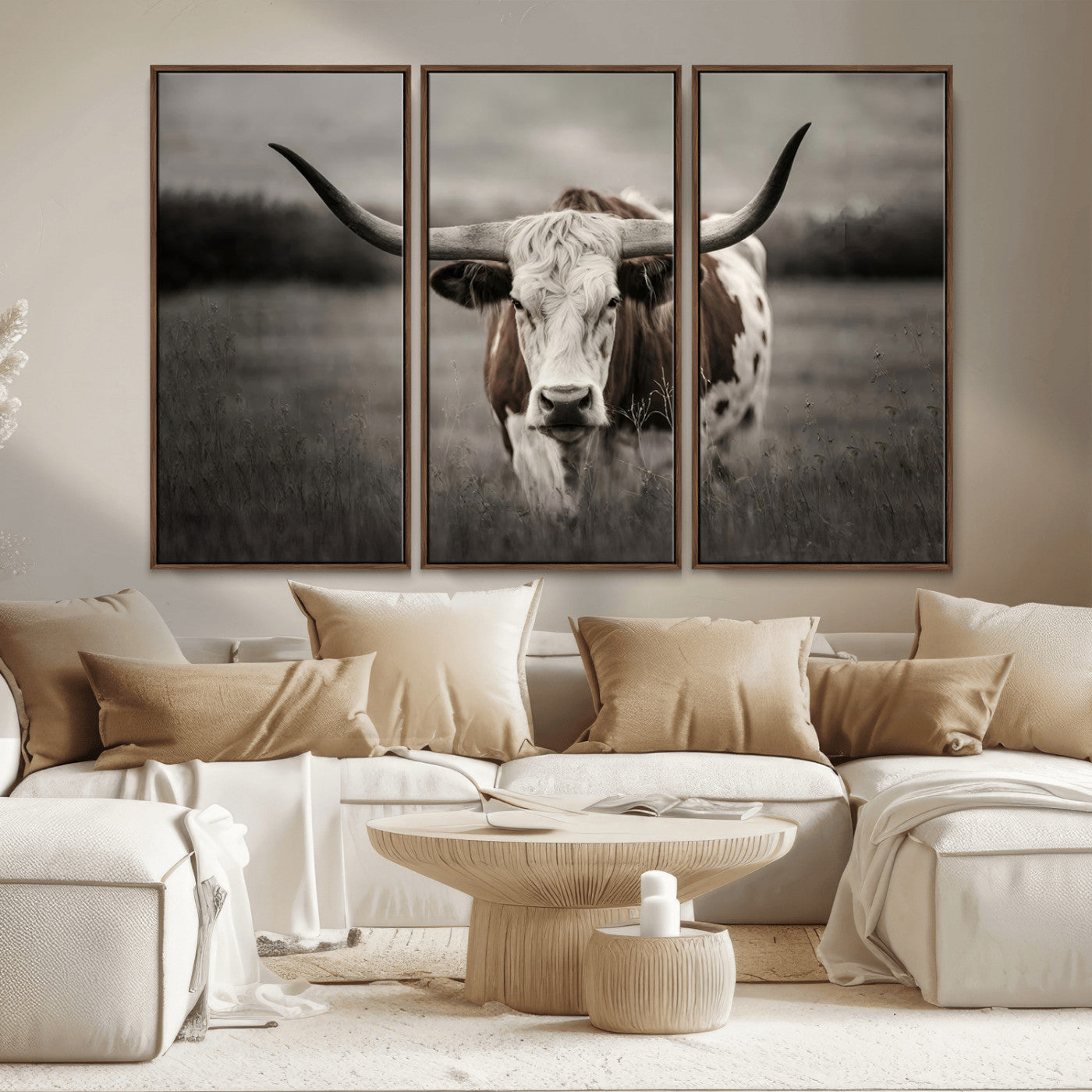 MGV-FC-48X32-3P - Texas Longhorn Cow Canvas Wall Art Print - Large Rustic Longhorn Art for Living Room, Western Wall