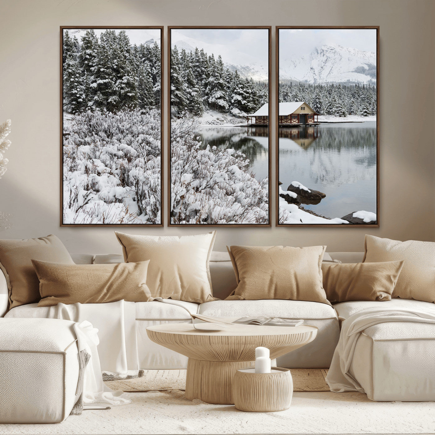 MGV-FC-48X32-3P - Winter Wall Art - Cabin by the Lake Canvas Wall Art - Serene Snowy Landscape with Mountain View,