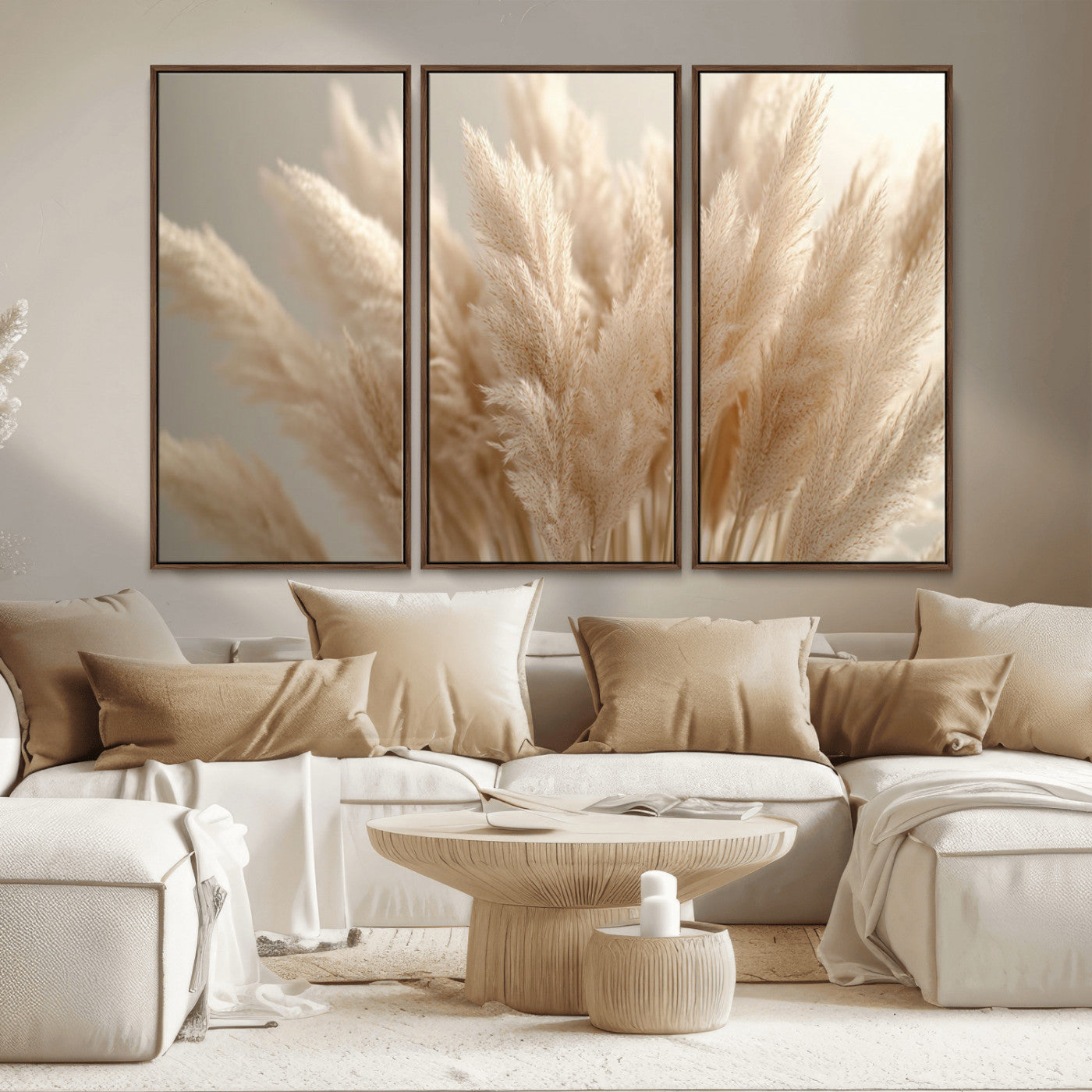 MGV-FC-48X32-3P - Pampas Grass Canvas Wall Art - Elegant Neutral Decor for Living Room, Boho Minimalist Artwork, Ready