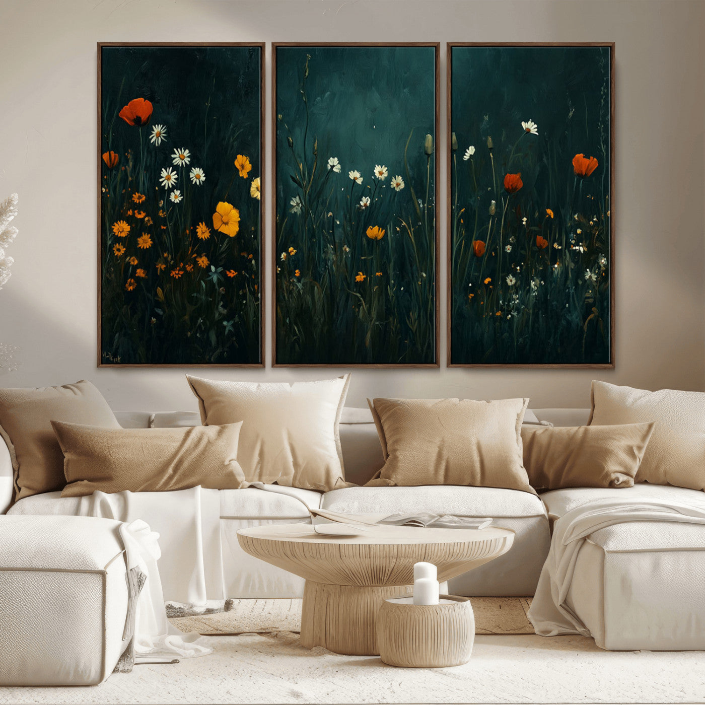 MGV-FC-48X32-3P - Framed Wildflower Field Wall Art, Framed Vintage Botanical Landscape Sign, Floral Decor, Modern