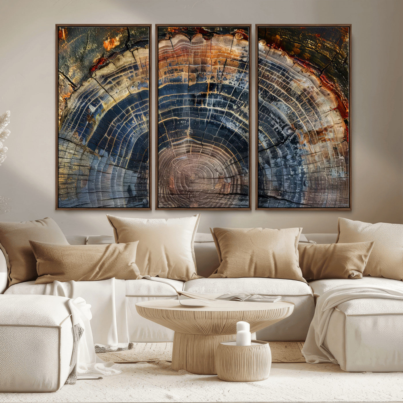 MGV-FC-48X32-3P - Framed Tree Ring Wall Art - Abstract Colorful Tree Ring Wall Decor, Minimalist Home Canvas Art,