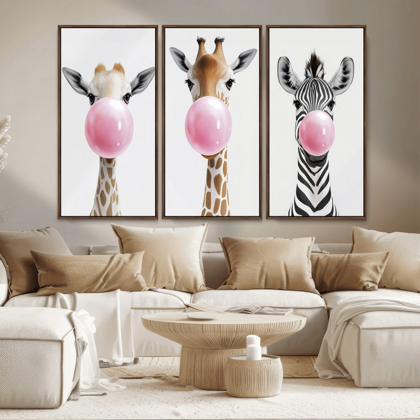 MGV-FC-48X32-3P - Bubblegum Animals Canvas Wall Art - Playful Giraffe and Zebra Trio, Fun Nursery Decor for Kids'