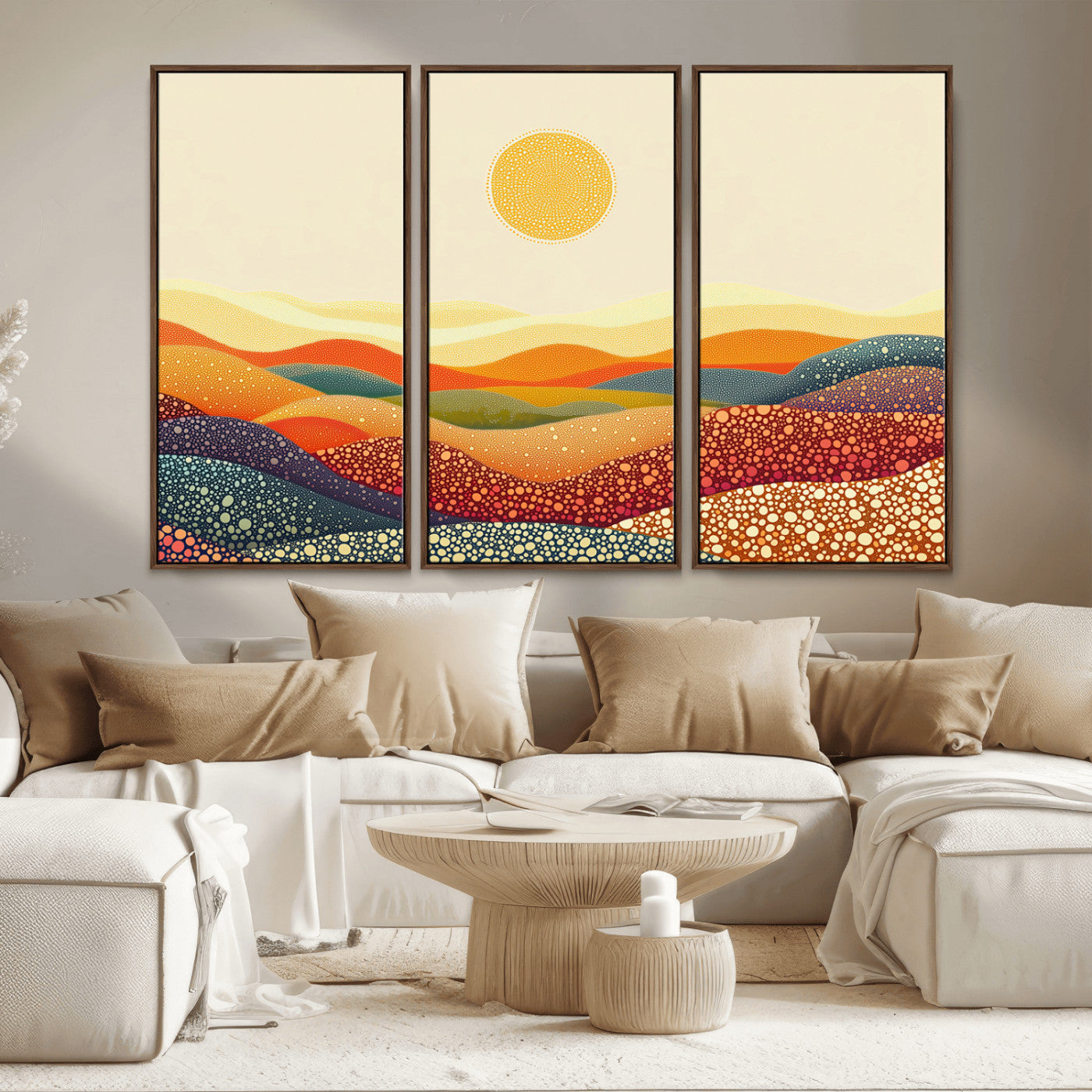 MGV-FC-48X32-3P - YAYOI KUSAMA Colorful Dot Art Landscape Canvas - Framed Abstract Pointillism Inspired by Nature with