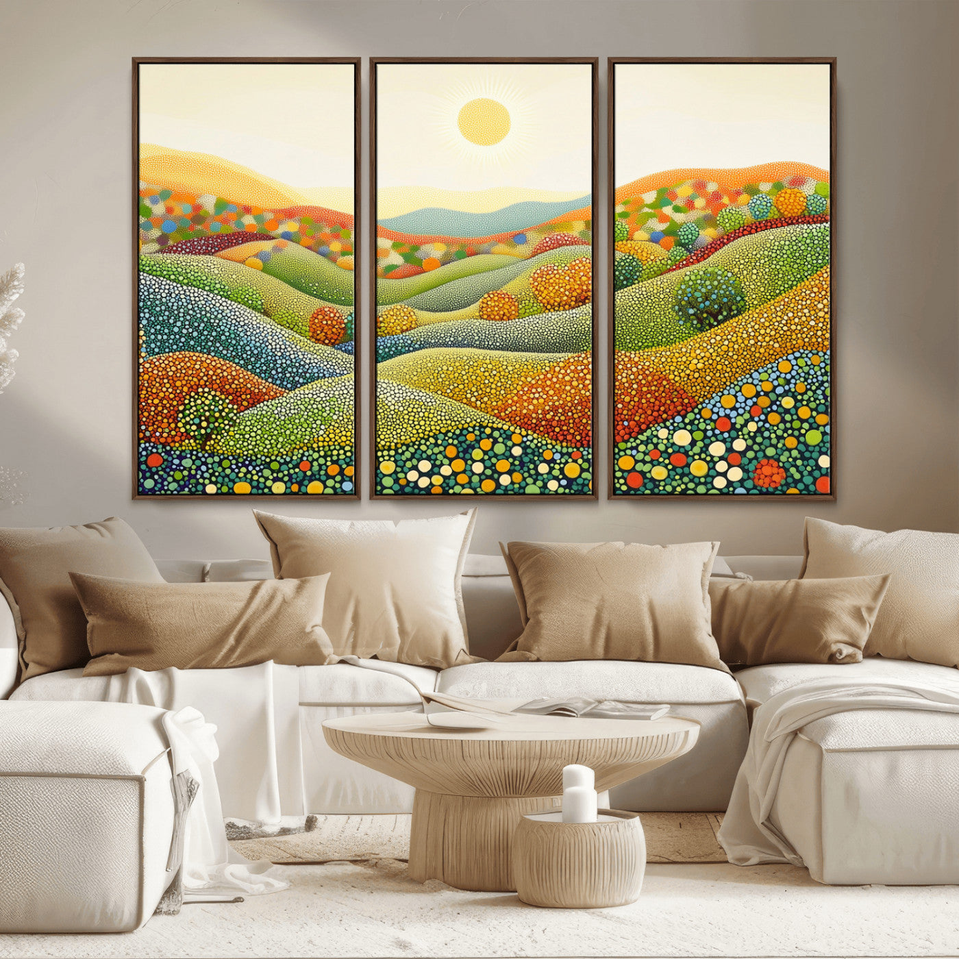 MGV-FC-48X32-3P - YAYOI KUSAMA Wall Art - Colorful Dot Art Landscape Canvas, Framed Japanese Dot Art