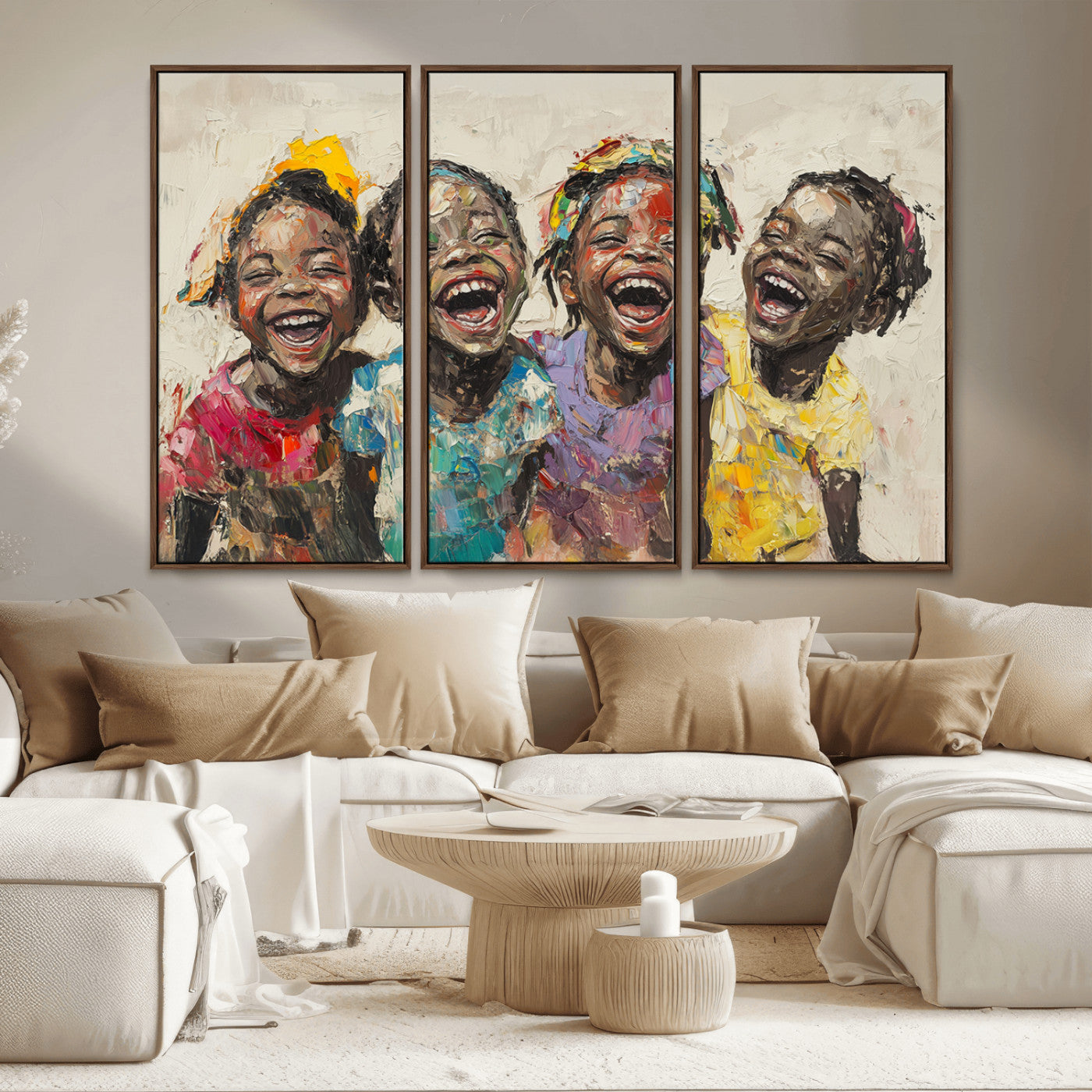 MGV-FC-48X32-3P - Shai Yossef style Joyful Childhood Canvas Wall Art - Expressive Impasto Painting of Black Children