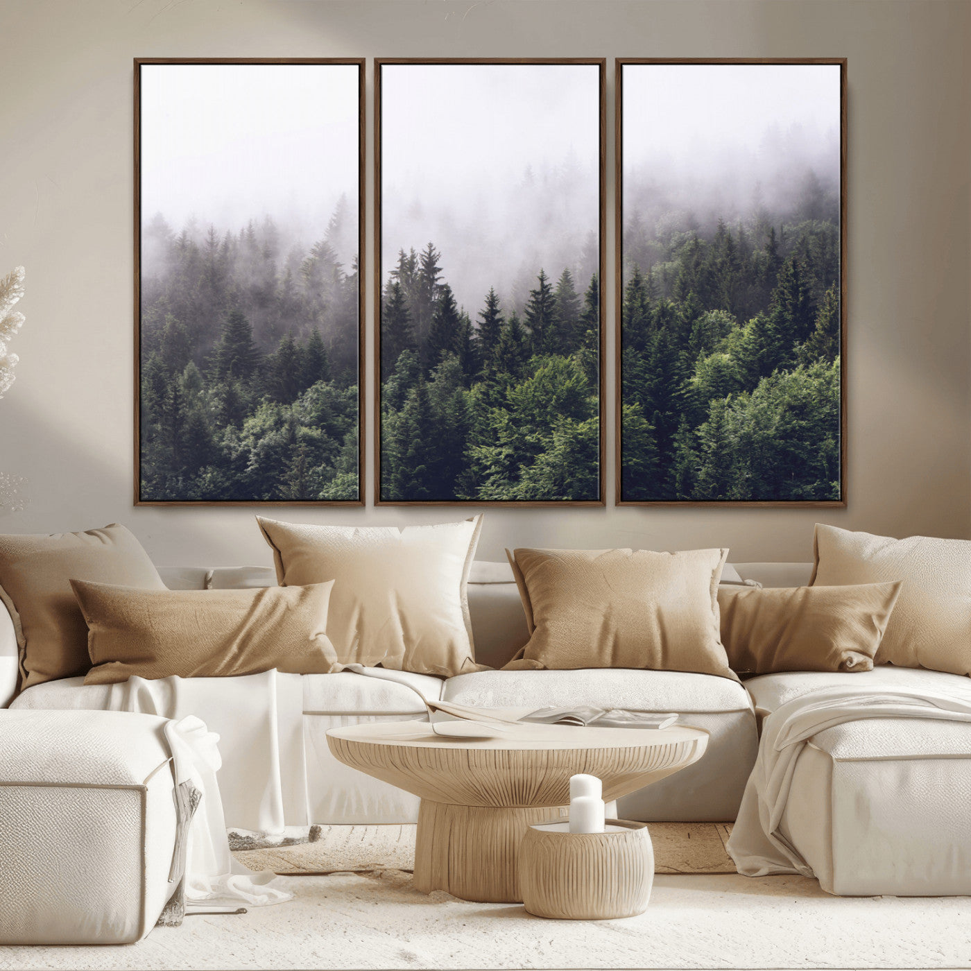 MGV-FC-48X32-3P - Misty Forest Wall Art | Foggy Forest Canvas Print | Large Nature-Inspired Misty Tree Landscape for