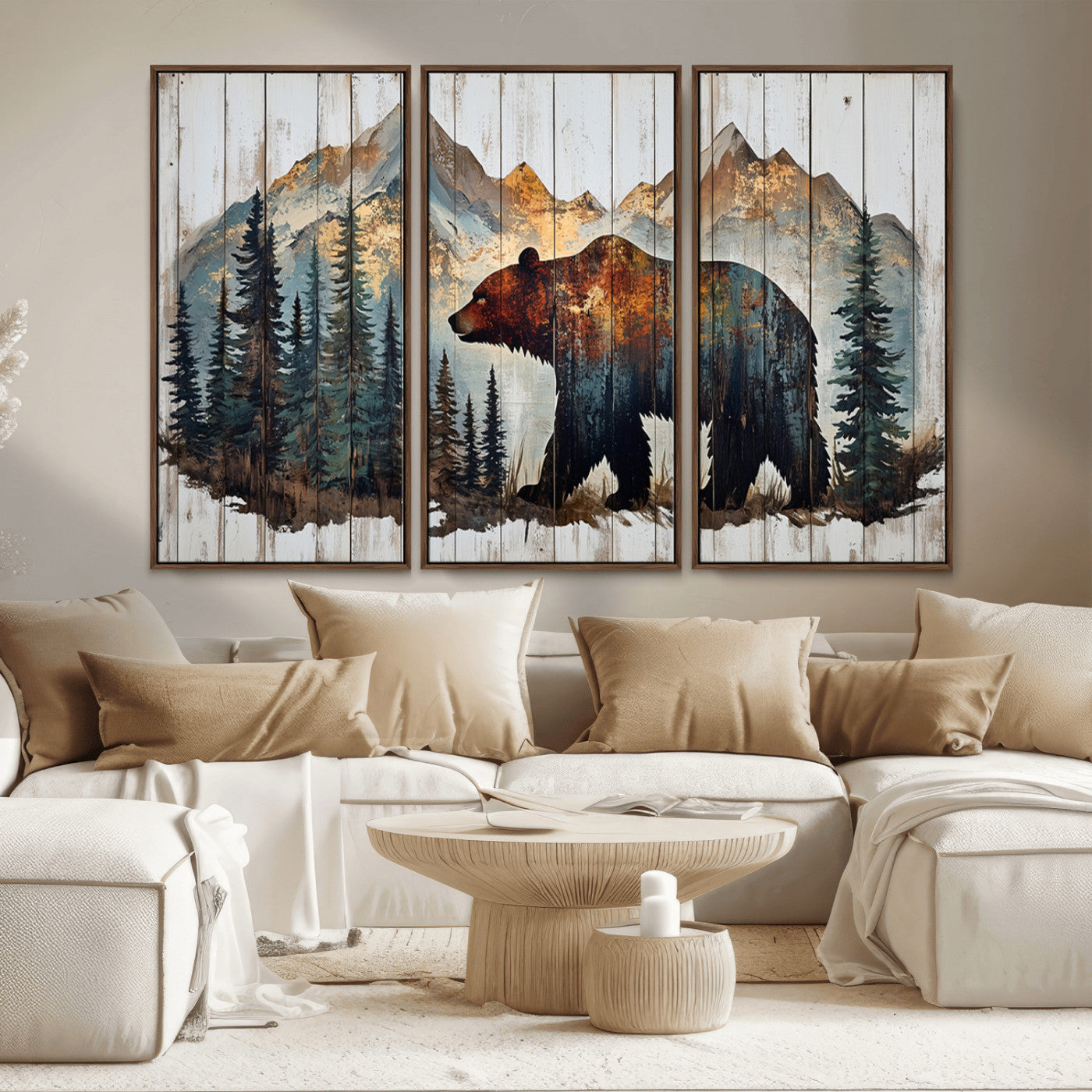 55777-MGV-CV-36X24-Rustic Grizzly 399 Bear and Mountain Wood Canvas Wall Art - Framed Nature Artwork with Forest