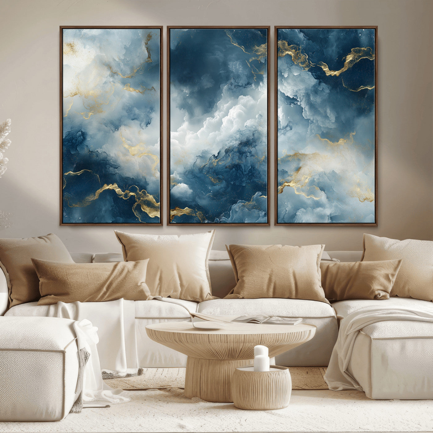 MGV-FC-48X32-3P - Large Abstract Print - Luxe Blue and Gold Abstract Canvas Wall Art - Bold Cloudscape Canvas for