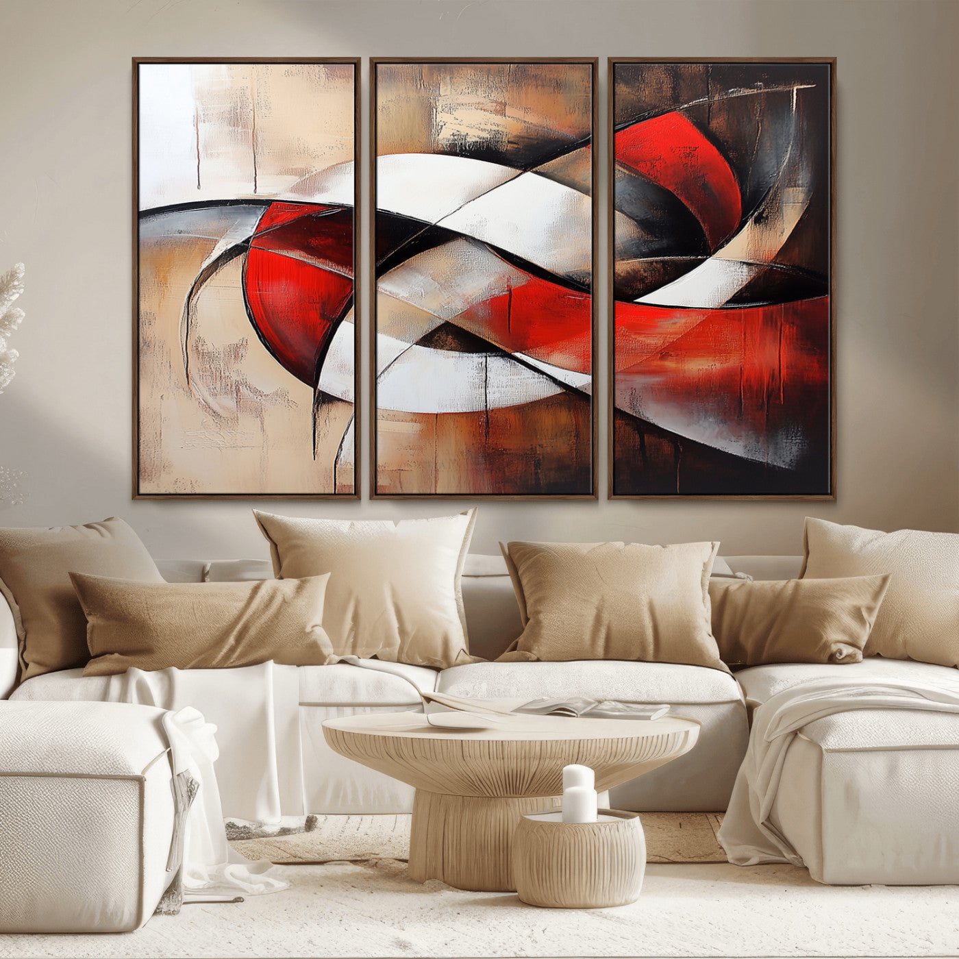 MGV-FC-48X32-3P - Abstract Wall Art - Modern Red and White Canvas Wall Art Print - Bold Geometric Abstract Canvas for