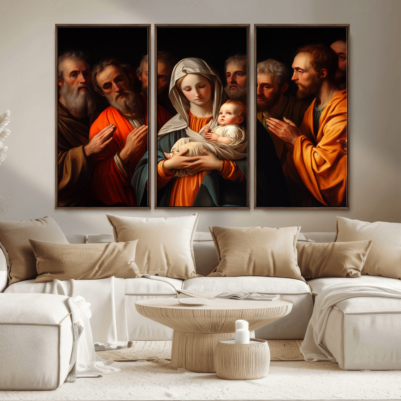 MGV-FC-48X32-3P - Religious Canvas Wall Art Print - Madonna and Child with Apostles Art Print - Classic Christian