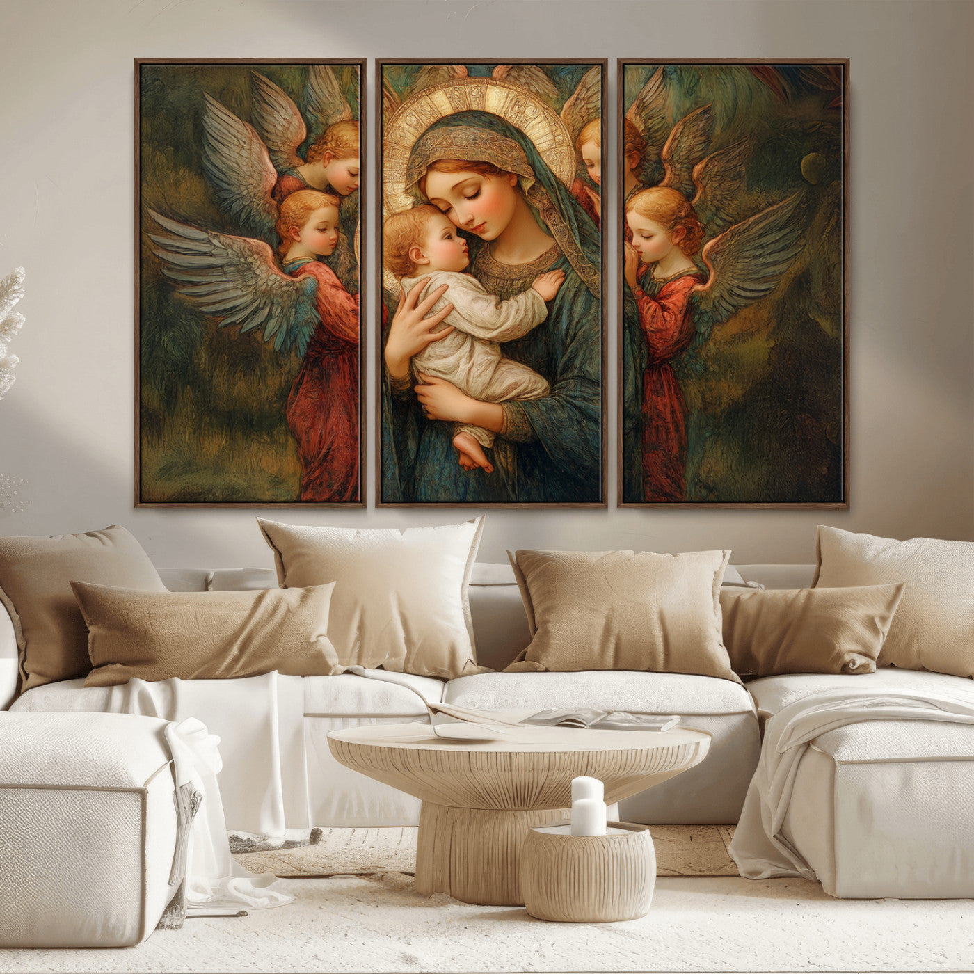 MGV-FC-48X32-3P - Mary Jesus Canvas Wall Art Print - Madonna and Child with Angels Art Print - Classic Christian