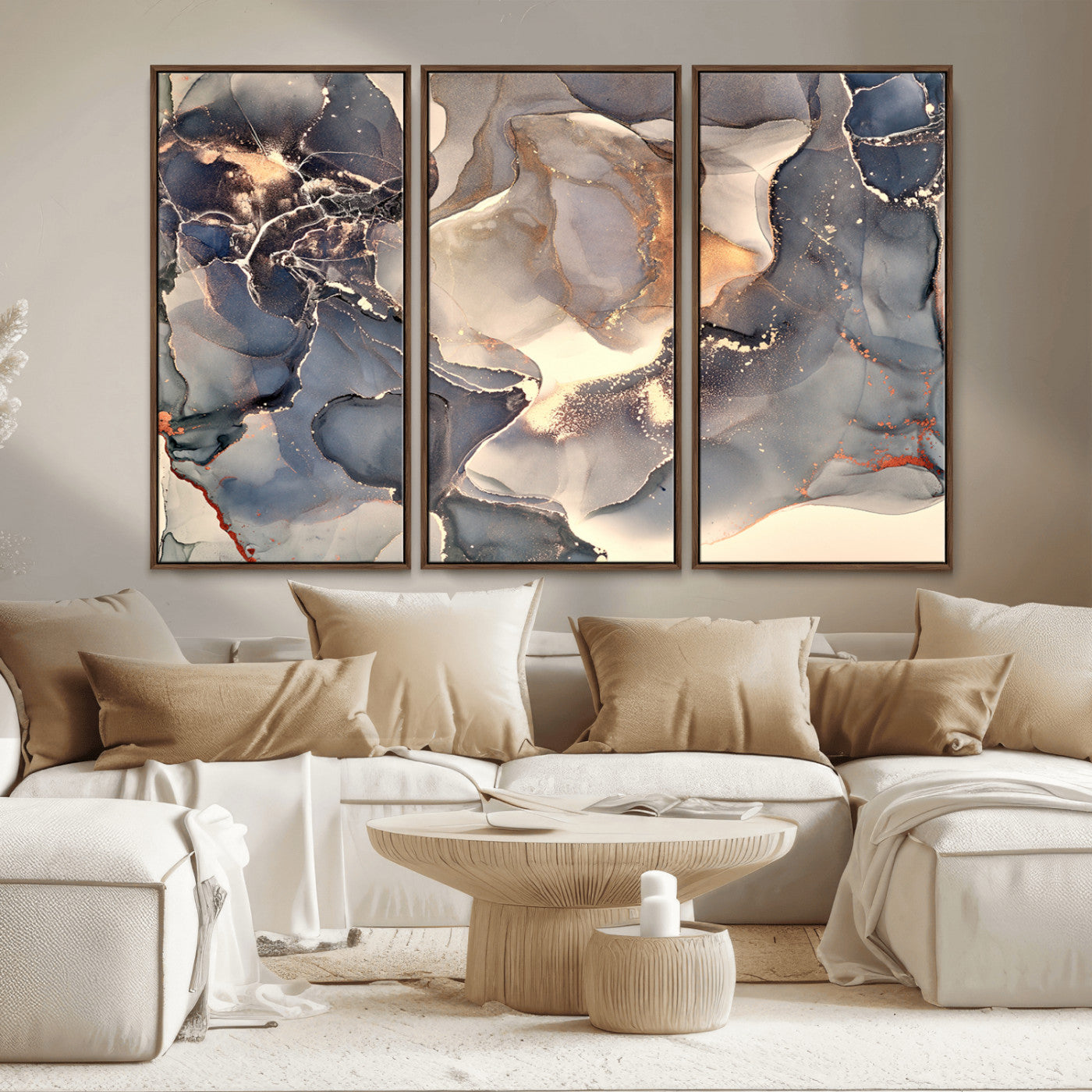 MGV-FC-48X32-3P - Abstract Blue and Gold Wall Art - Fluid Ink Artwork - Modern Luxury Wall Decor for Contemporary
