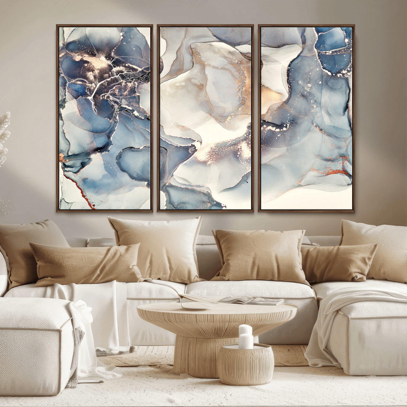 MGV-FC-48X32-3P - Abstract Blue and Gold Canvas Wall Art - Fluid Modern Ink Artwork - Modern Luxury Wall Decor for