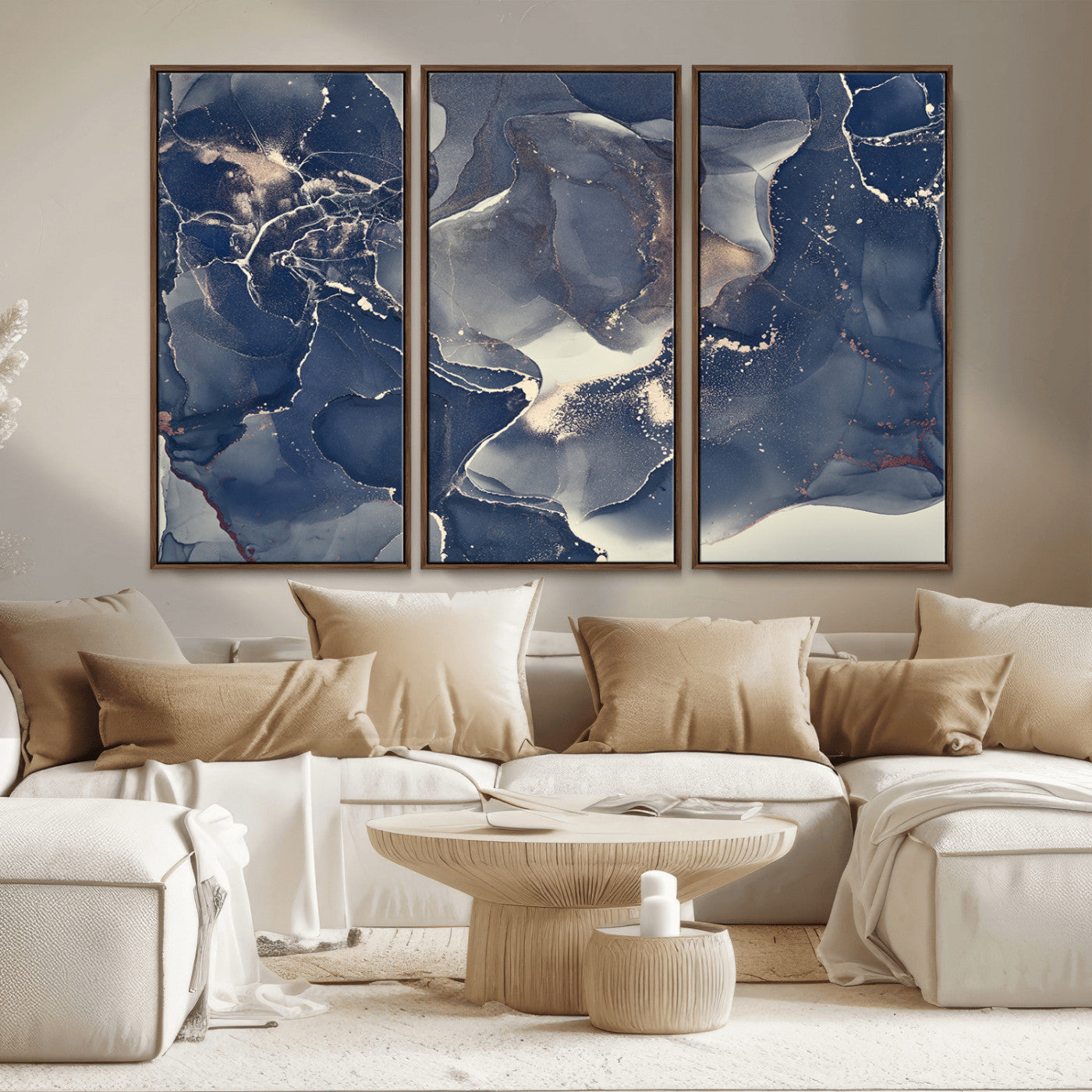 MGV-FC-48X32-3P - Large Abstract Blue and Gold Canvas Wall Art | Fluid Ink Artwork Print | Luxury Wall Decor for
