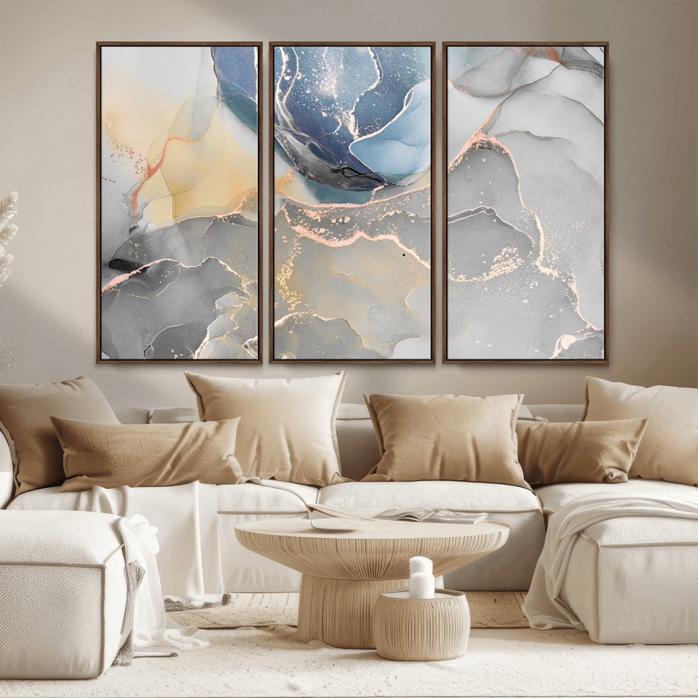 MGV-FC-48X32-3P - Large Abstract Blue and Gold Canvas Wall Art | Fluid Ink Artwork Print | Luxury Wall Decor for