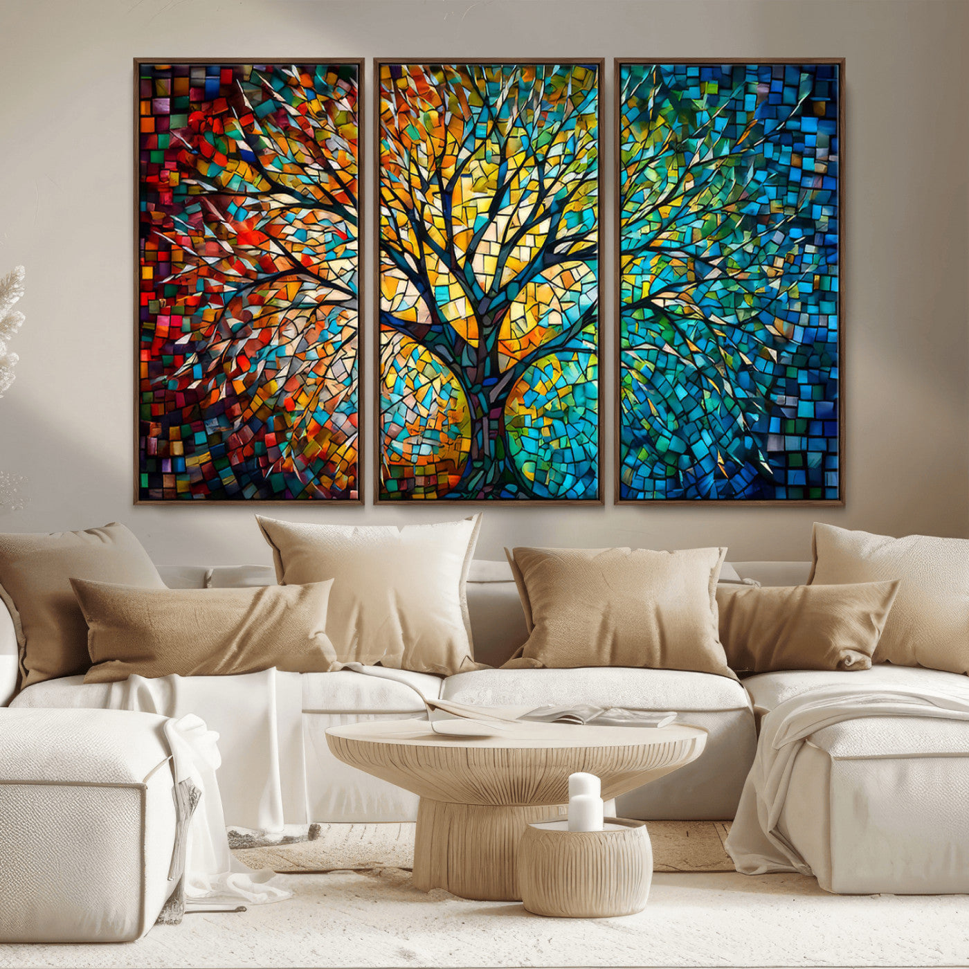 99325-MGV-CV-36X24-Yggdrasil Tree of Life Wall Art Print Canvas | Mosaic Style 3-Panel Canvas Print