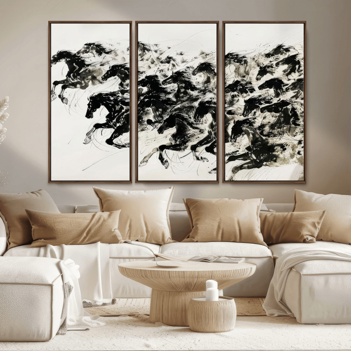 MGV-FC-48X32-3P - Abstract Horse Wall Art Canvas Print - Dynamic Black Ink Horse Print - Modern Equine Wall Decor for