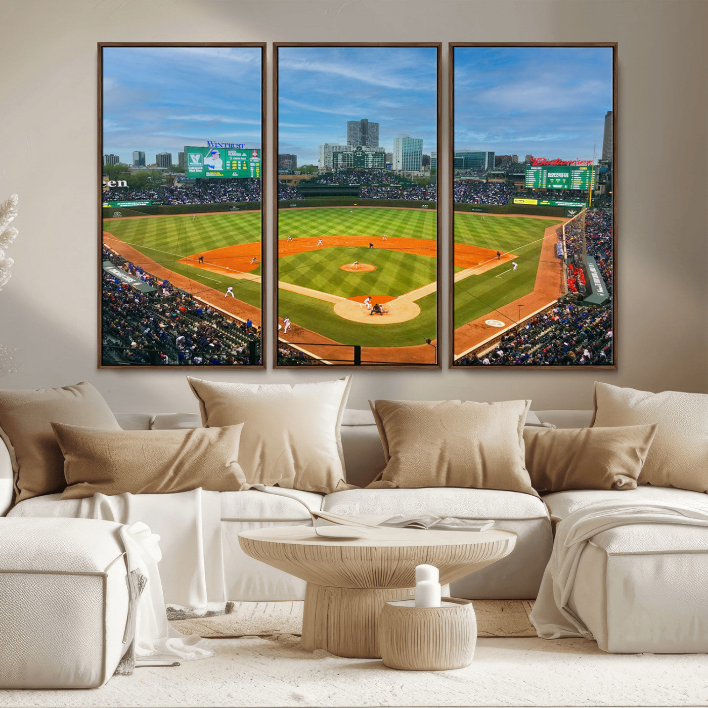 MGV-FC-48X32-3P - Wrigley Field Chicago Cubs Panoramic Multi Piece Canvas Wall Art - Iconic Baseball Stadium Print for