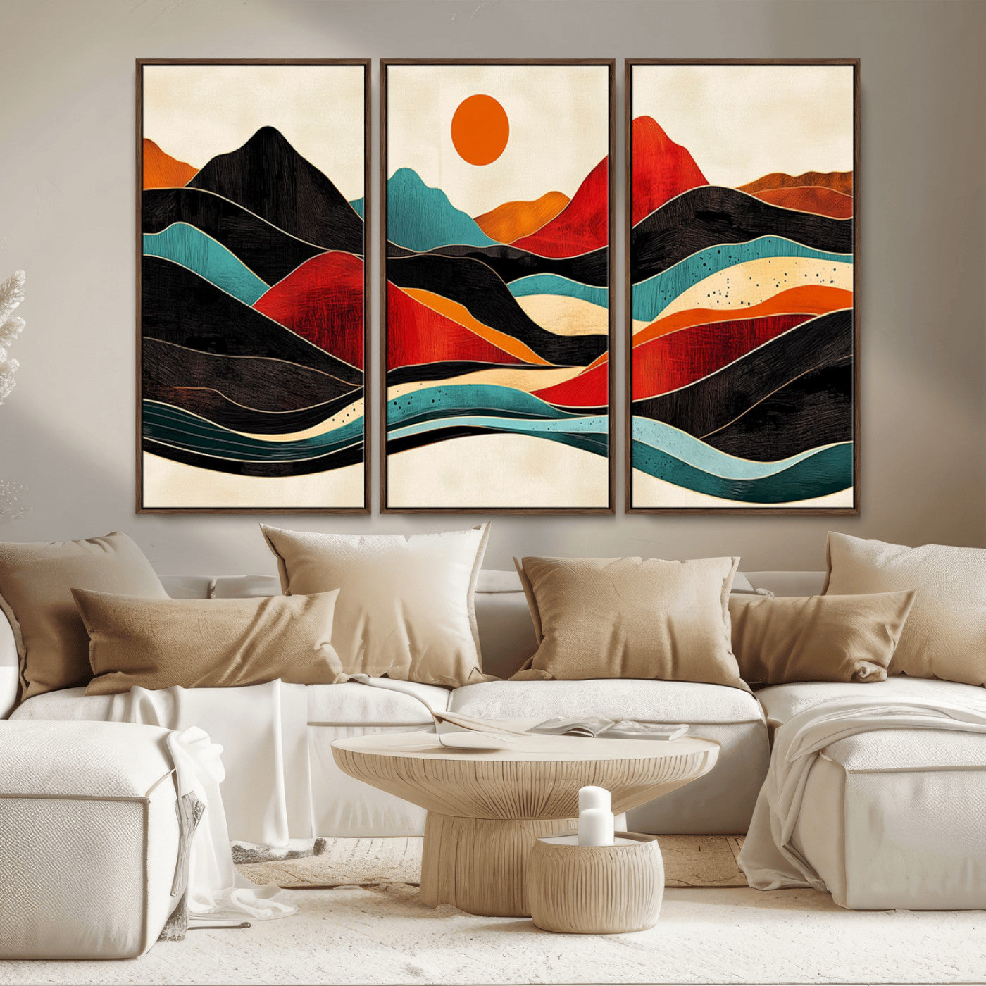MGV-FC-48X32-3P - Western Wall Decor - Large Triptych Mountain Canvas - Boho Woodland Wall Art Print - Framed