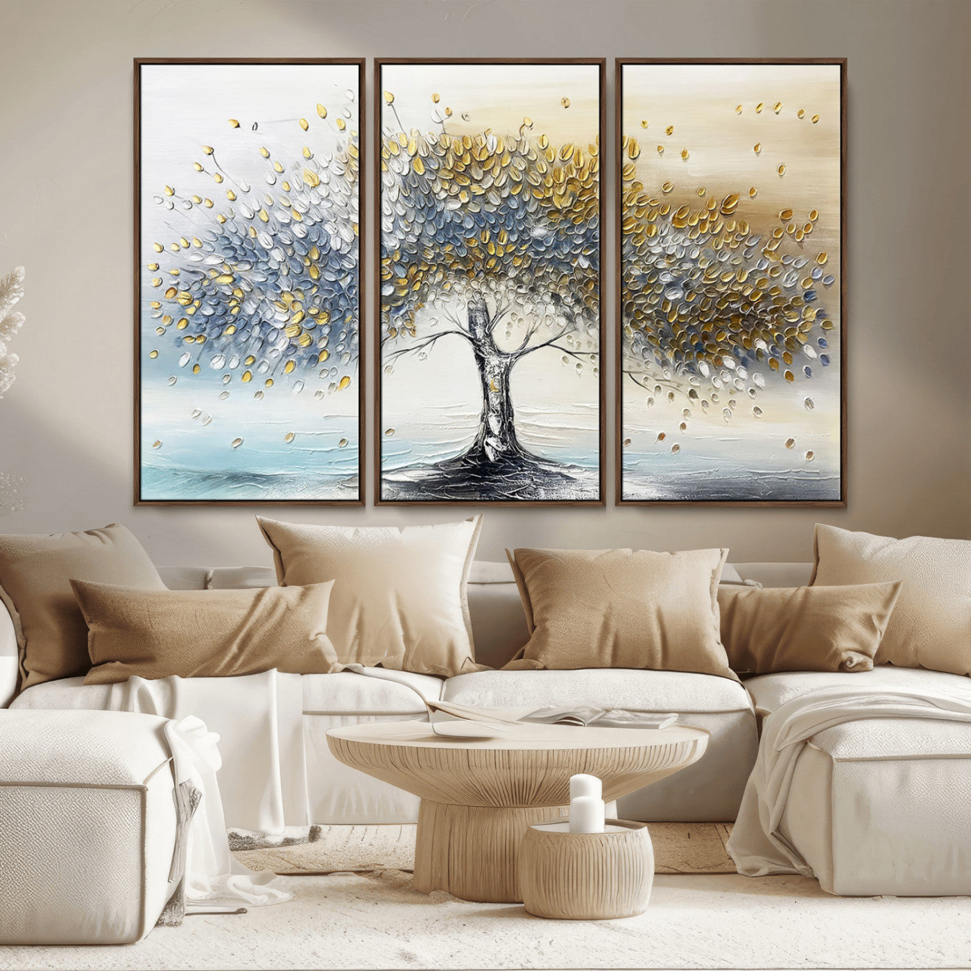 An elegant impasto painting featuring a tree with shimmering silver and gold leaves, blending soft pastels to create a calm and sophisticated atmosphere.