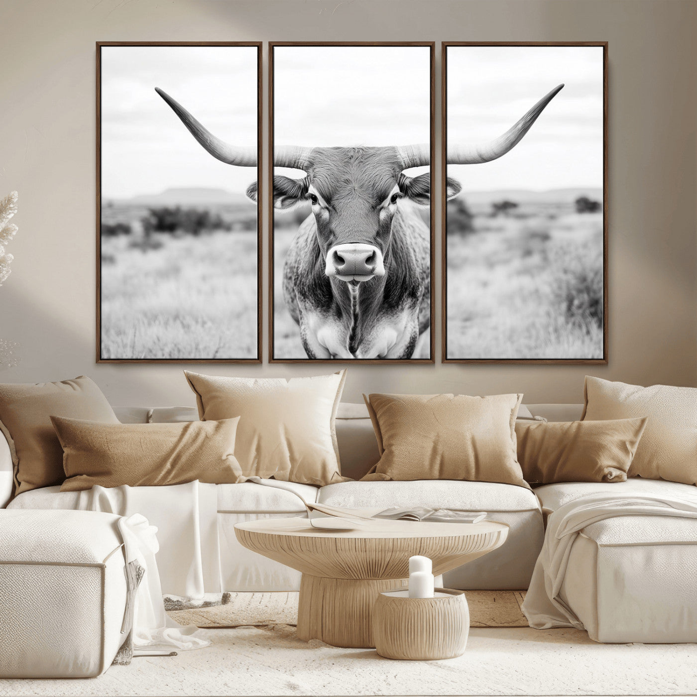 MGV-FC-48X32-3P - Highland Cow Wall Art Print - Black and White Texas Western Longhorn Canvas - Farmhouse Decor Print