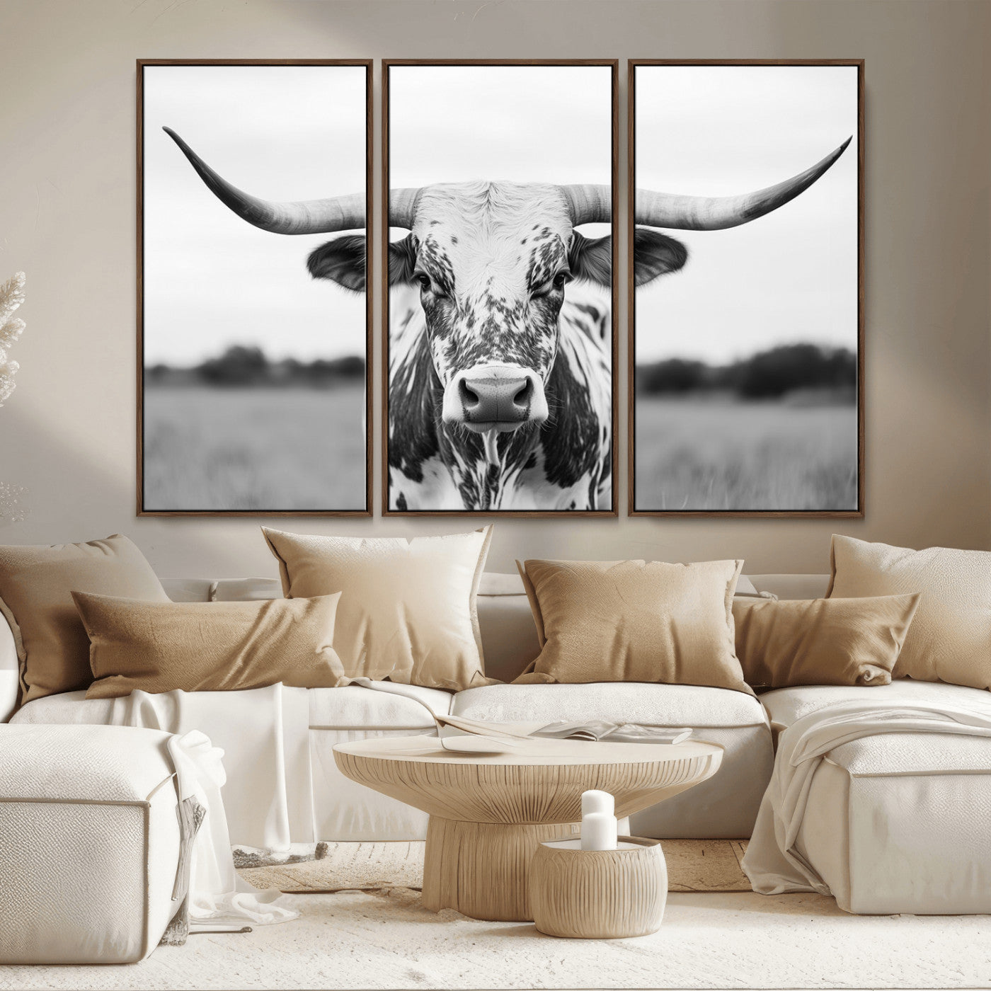 MGV-FC-48X32-3P - Highland Cow Wall Art - Black and White Western Longhorn Canvas Print - Farmhouse Living Room Decor