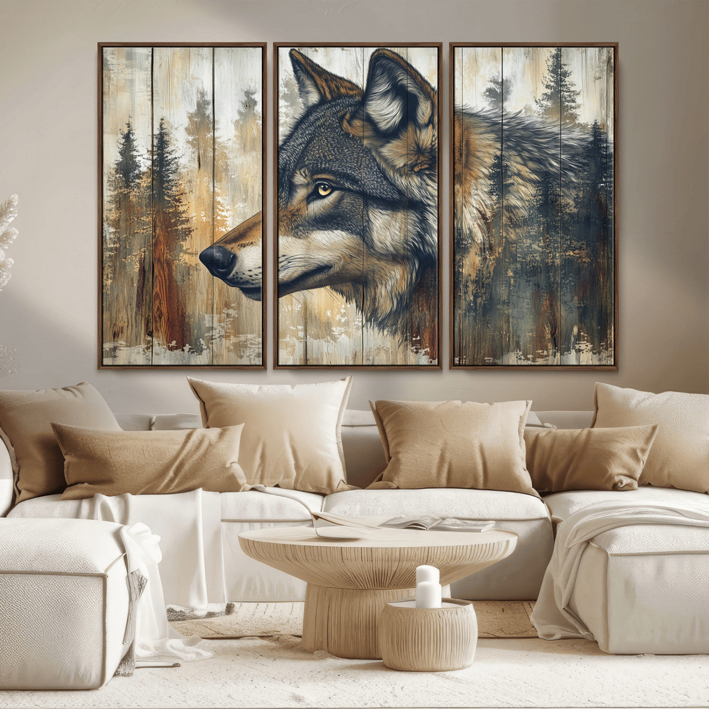 MGV-FC-48X32-3P - Rustic Wolf Wall Art Canvas Print, Vintage Woodland Wolf Wall Art