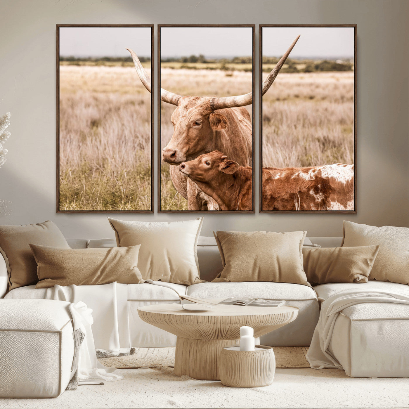 MGV-FC-48X32-3P - Texas Longhorn Cow Wall Art Canvas Print for Farmhouse Wall Art, Texas Decor, Western Wall Art Print