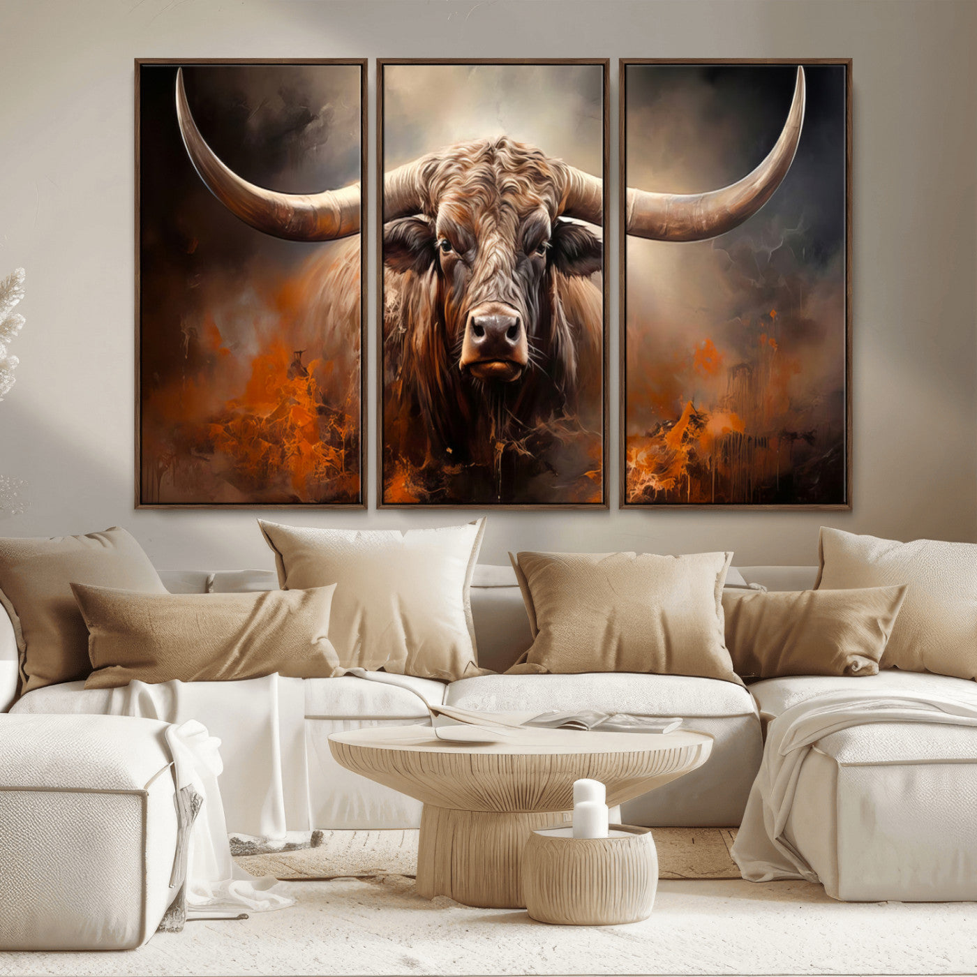 MGV-FC-48X32-3P - Highland Bull Canvas Abstract Canvas Wall Art Print – Powerful Highland Bull with Striking Horns in