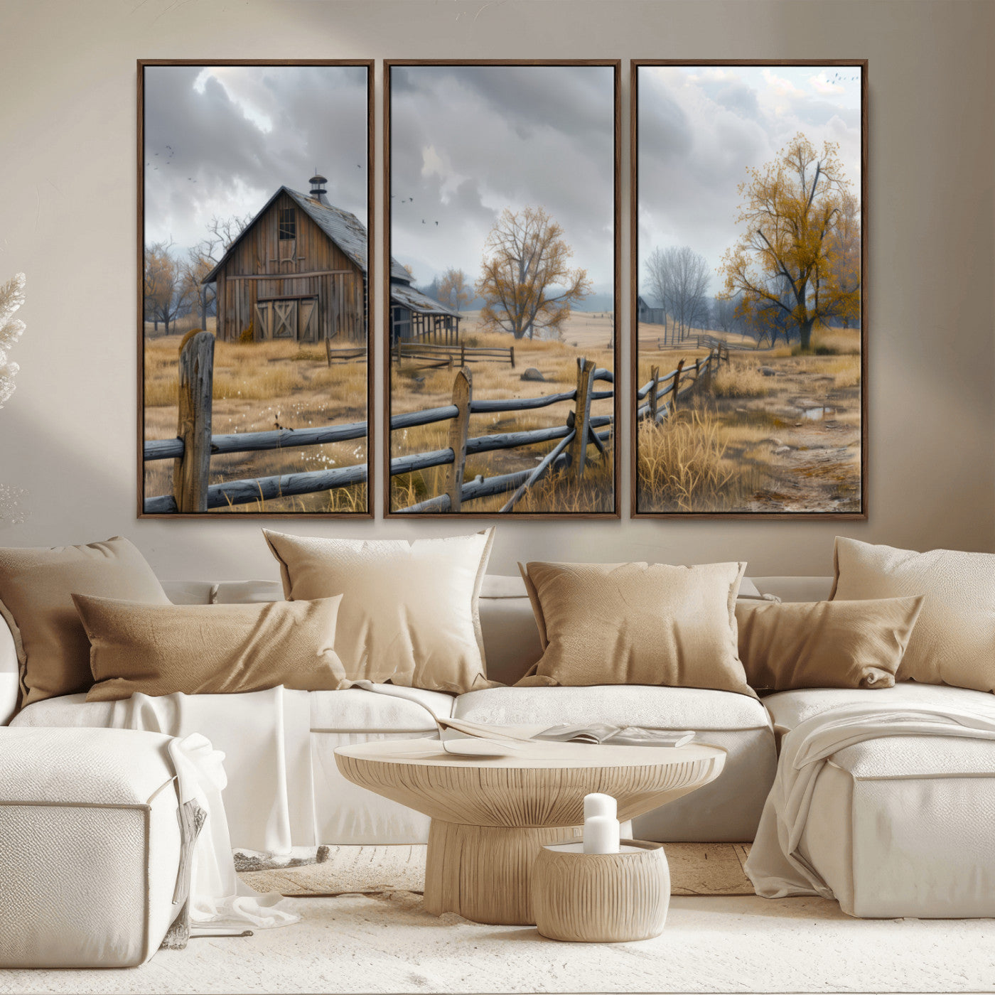 MGV-FC-48X32-3P - Rustic Autumn Farmhouse Wall Art Canvas Print – Serene Countryside Scene with Weathered Barn and