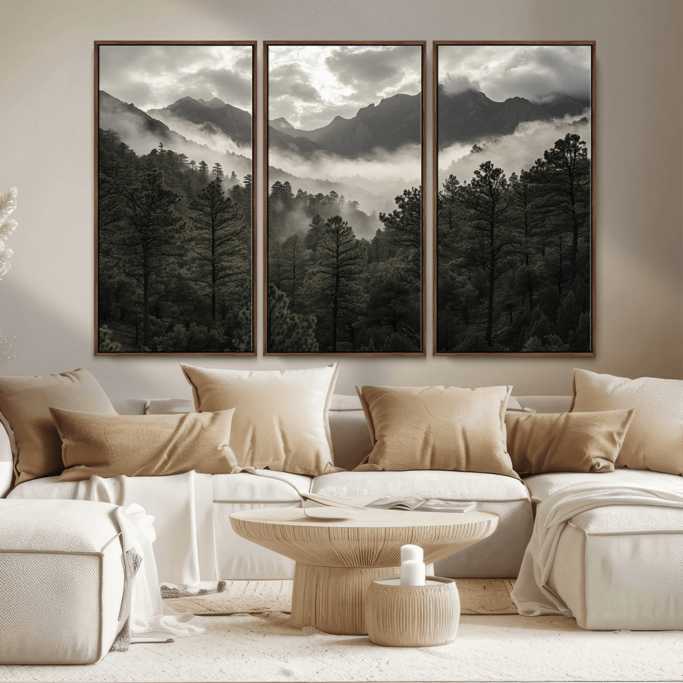 MGV-FC-48X32-3P - Misty Mountain Forest Wall Art – Canvas Print of Cloudy Peaks, Tranquil Pines, Enchanted Landscape, Majestic Nature Decor for Home or Office