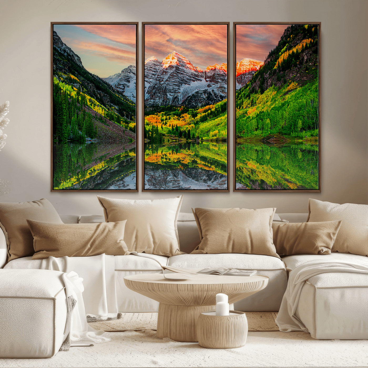 MGV-FC-48X32-3P - Maroon Bells Lake Wall Art Canvas Print – Majestic Colorado Mountain Landscape, Autumn Reflection,