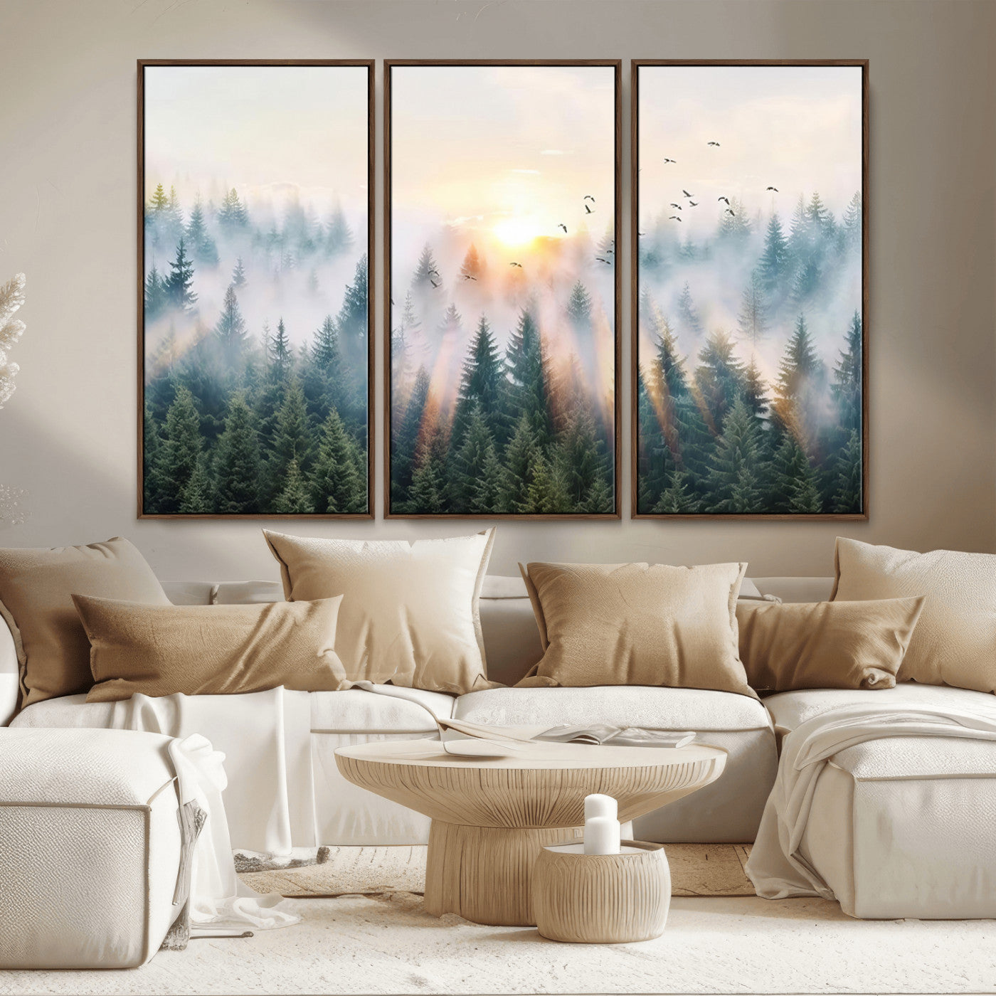 MGV-FC-48X32-3P - Misty Pine Forest Wall Art Canvas, Sunrise Over Foggy Trees Canvas for Home - Office, Framed