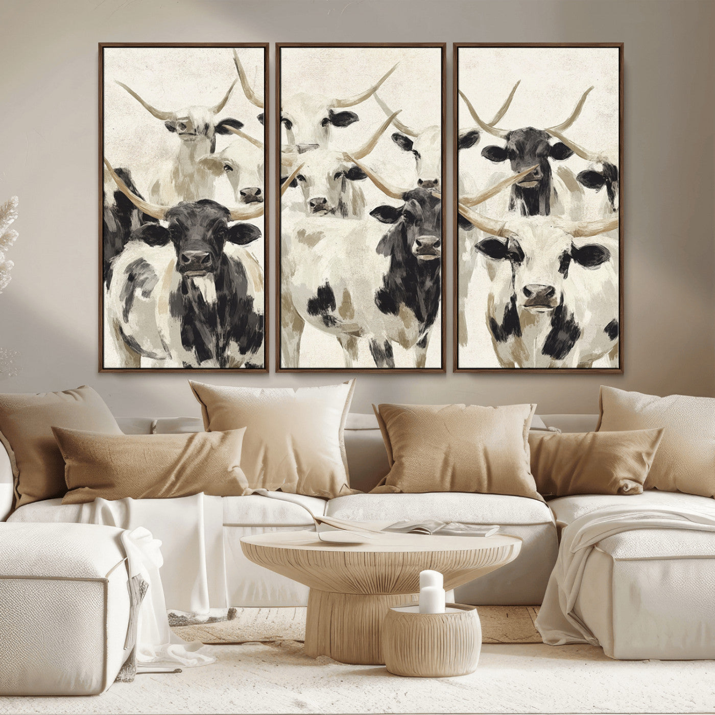 MGV-FC-48X32-3P - Longhorn Texas Cow Drawing Abstract Wall Art Canvas Print for Farmhouse Decor, Texas Bull Printing