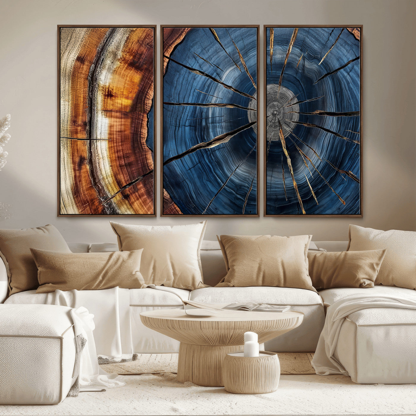 MGV-FC-48X32-3P - Framed Abstract Tree Ring Wall Art Print, Natural Rustic Wood Texture Canvas Print, Wood Tree Stump